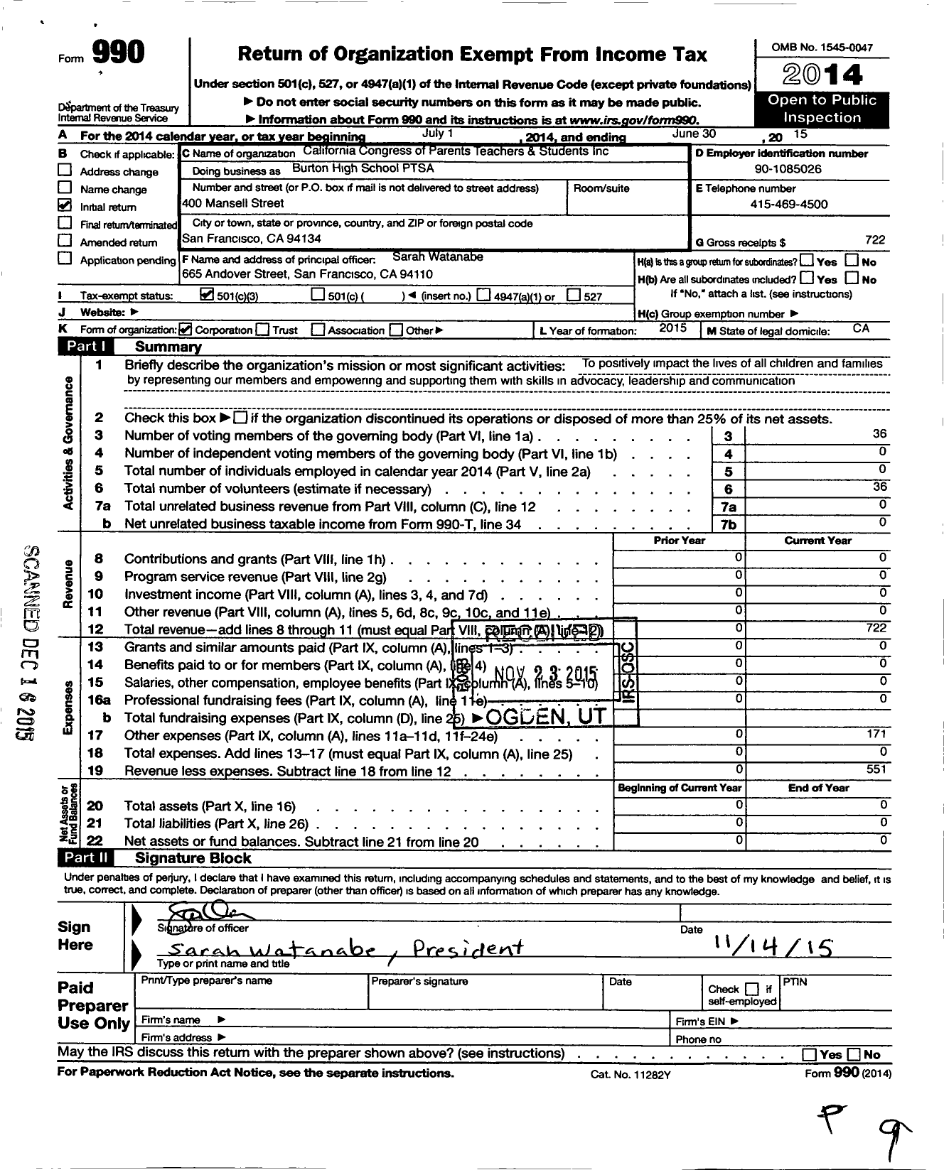 Image of first page of 2014 Form 990 for California State PTA - Burton High School Ptsa