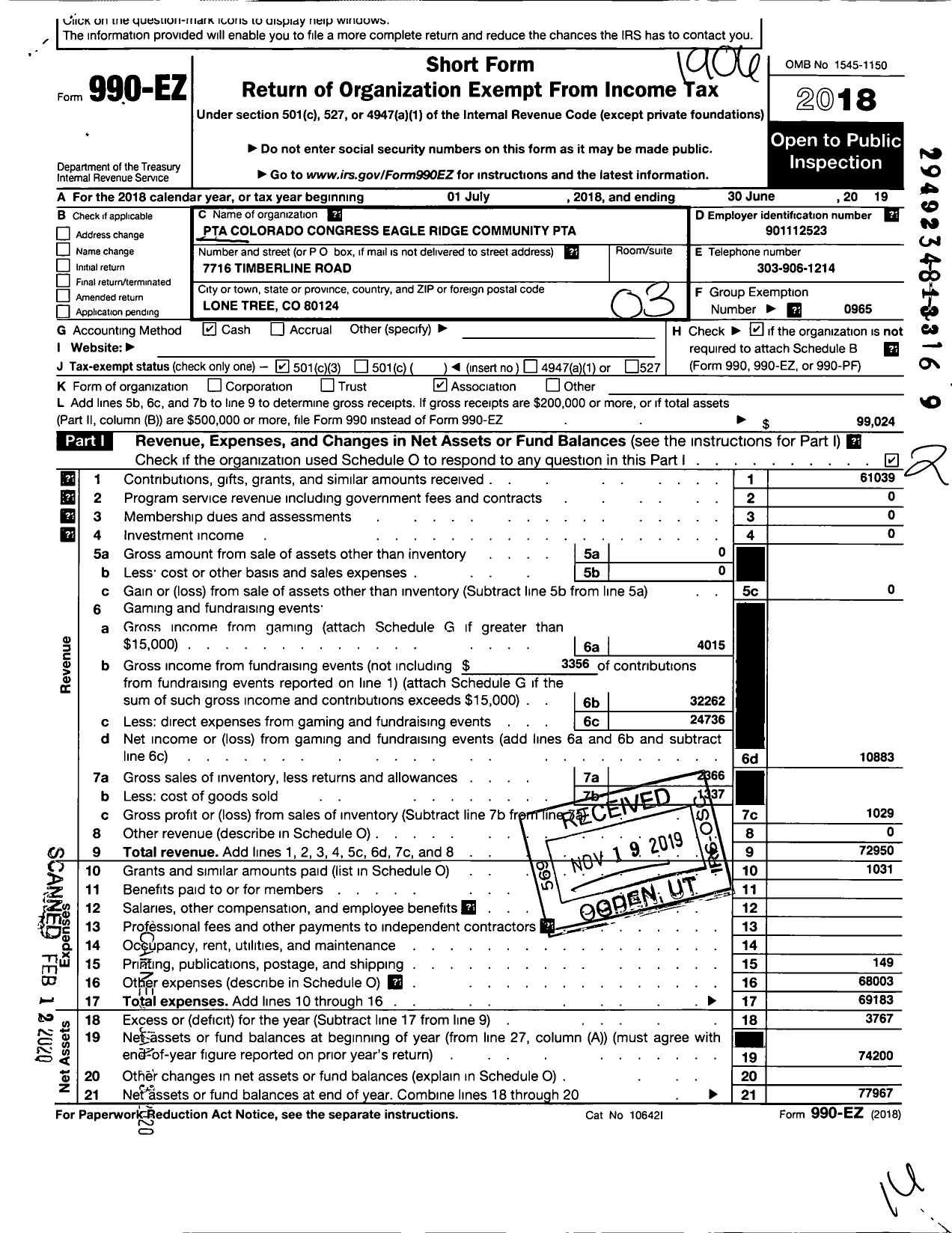 Image of first page of 2018 Form 990EZ for PTA Colorado Congress / Eagle Ridge Community PTA