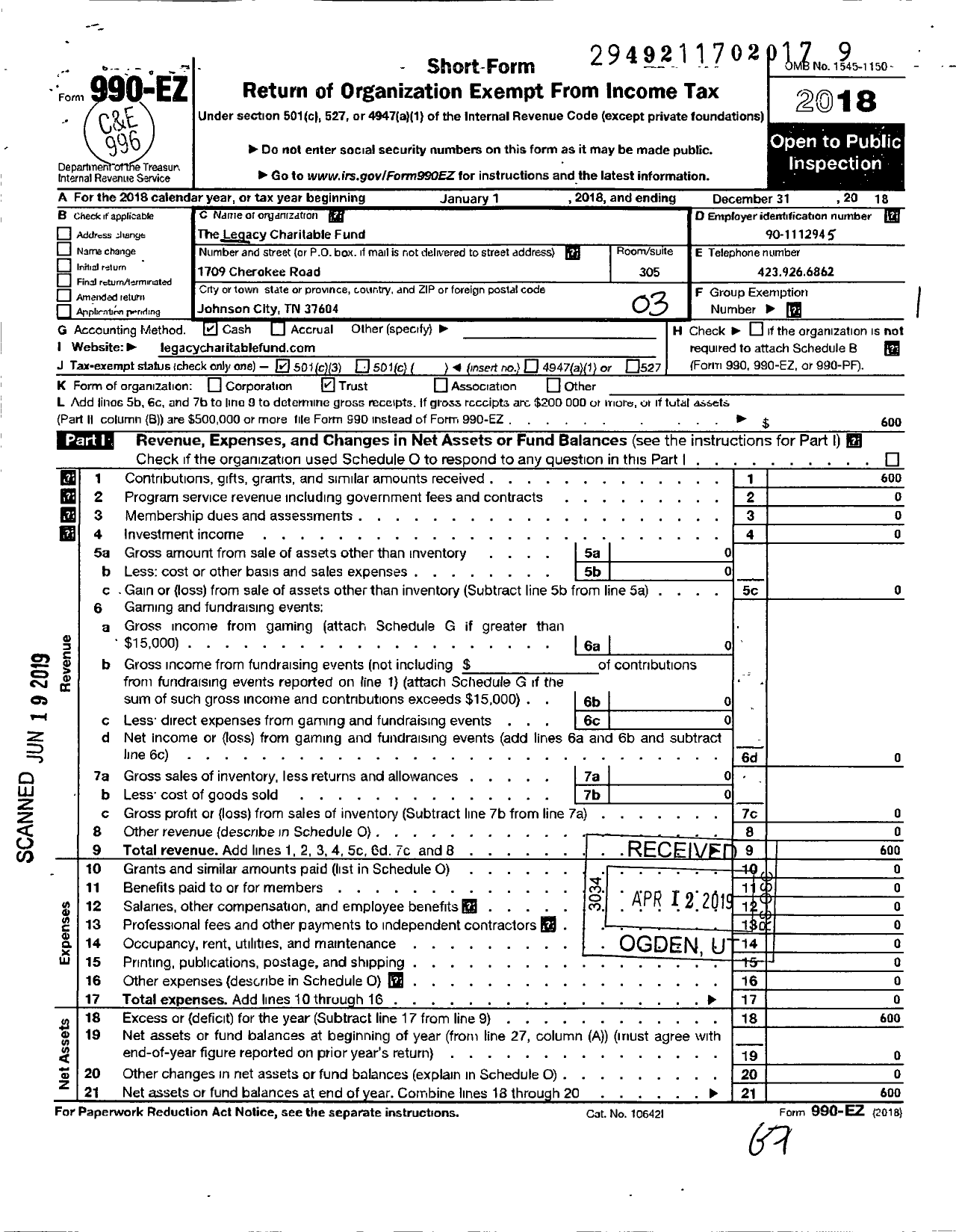 Image of first page of 2018 Form 990EZ for The Legacy Charitable Trust