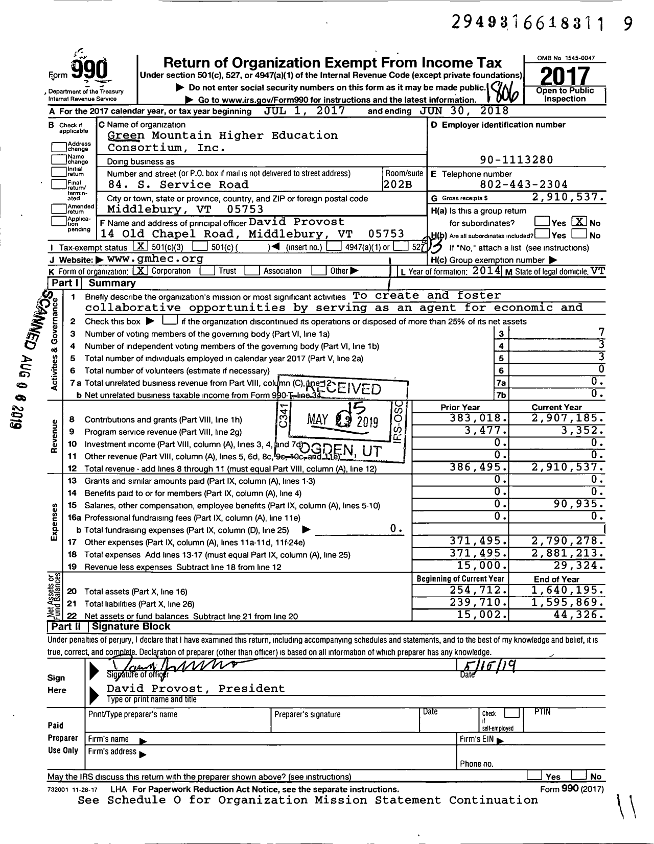 Image of first page of 2017 Form 990 for Green Mountain Higher Education Consortium