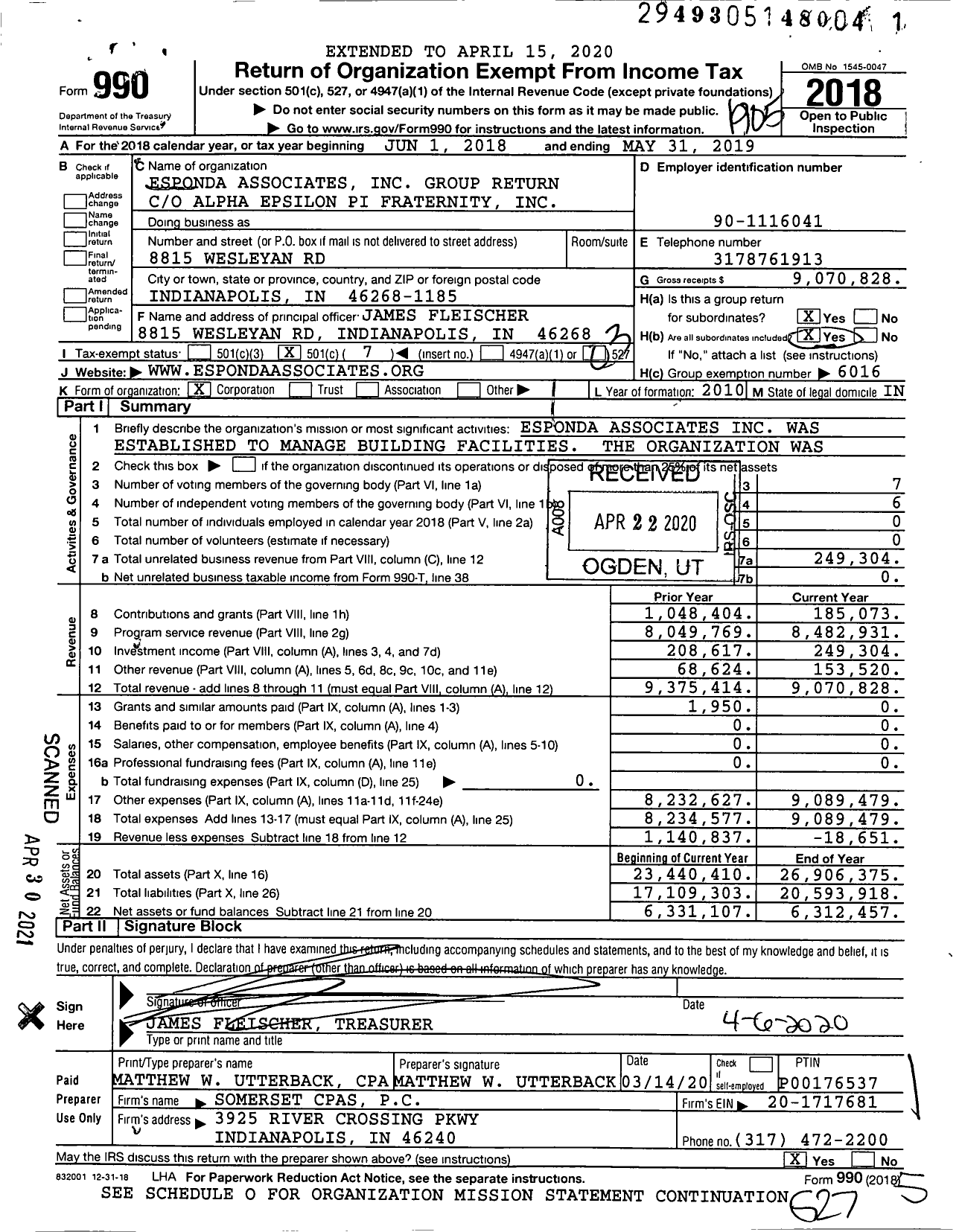 Image of first page of 2018 Form 990 for Esponda Associates Group Return (Group Return)