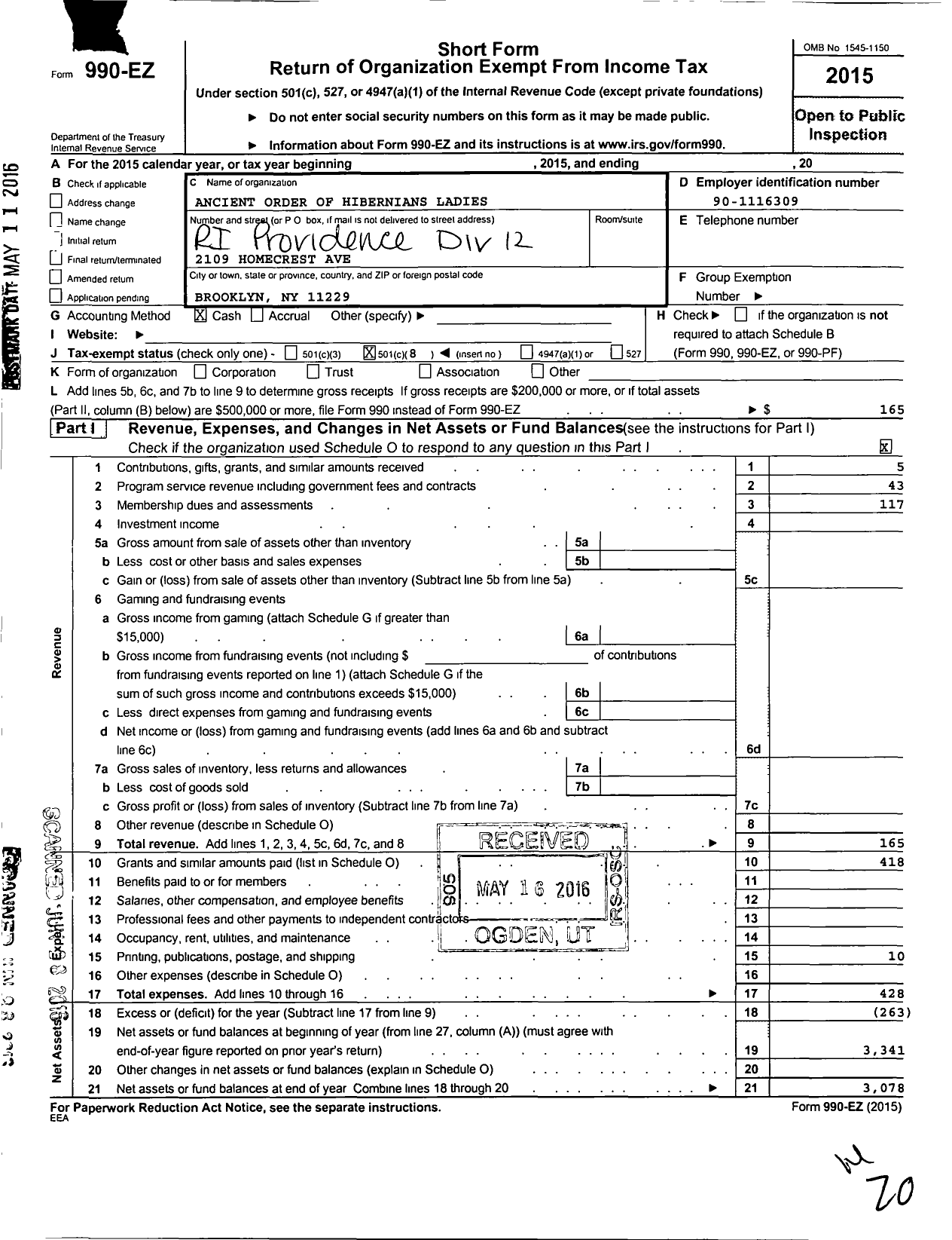 Image of first page of 2015 Form 990EO for Ancient Order of Hibernians Ladies / Ri Providence Divison