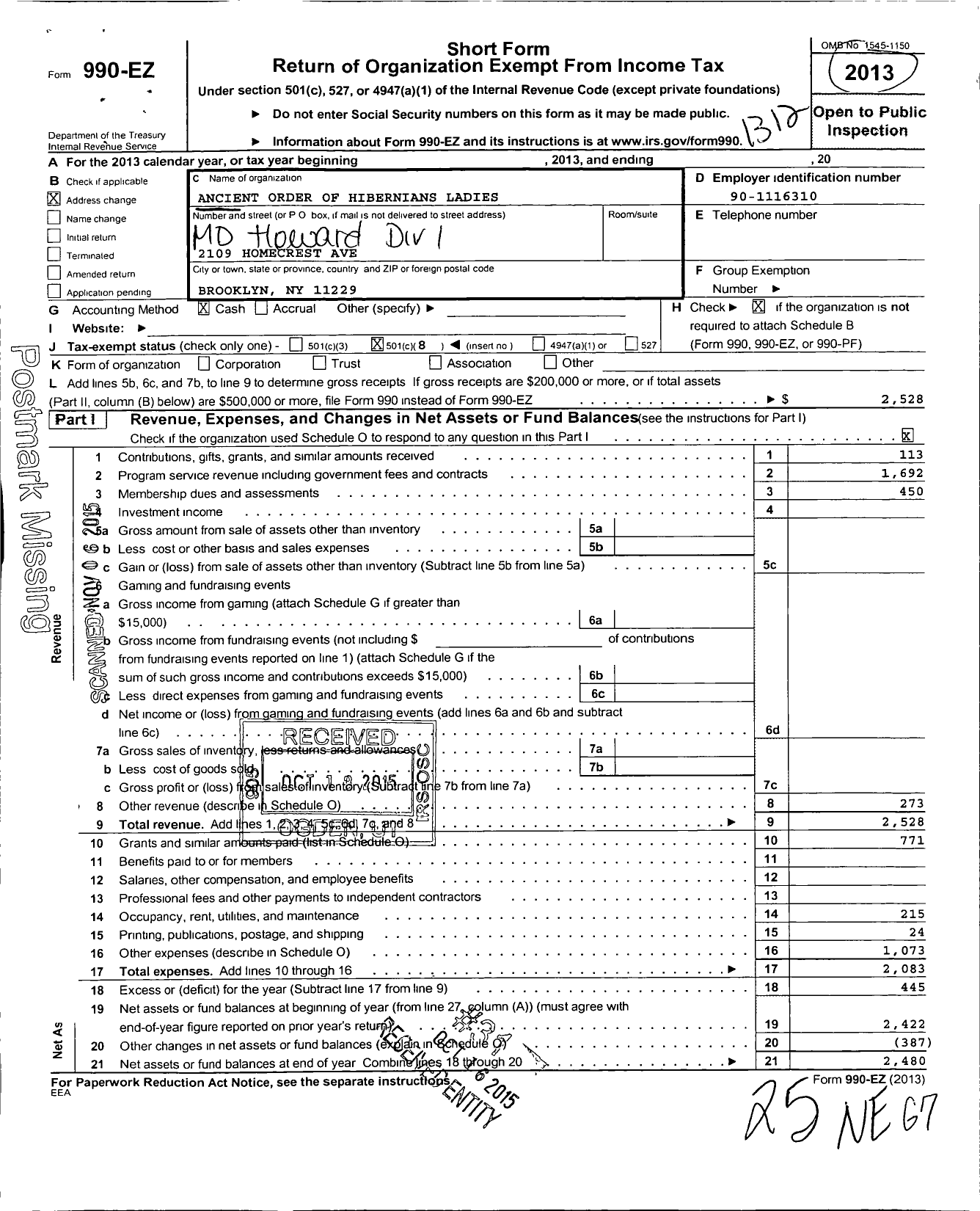 Image of first page of 2013 Form 990EO for Ancient Order of Hibernians Ladies / MD Howard Division