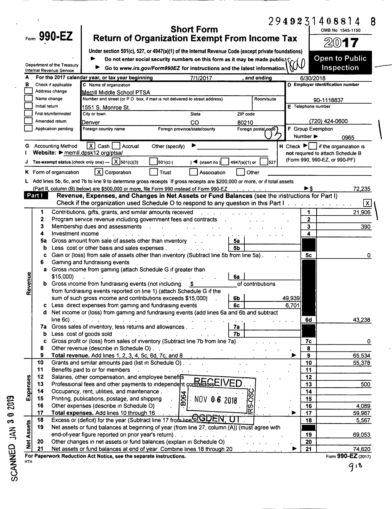 Image of first page of 2017 Form 990EZ for Merrill Middle School PTSA