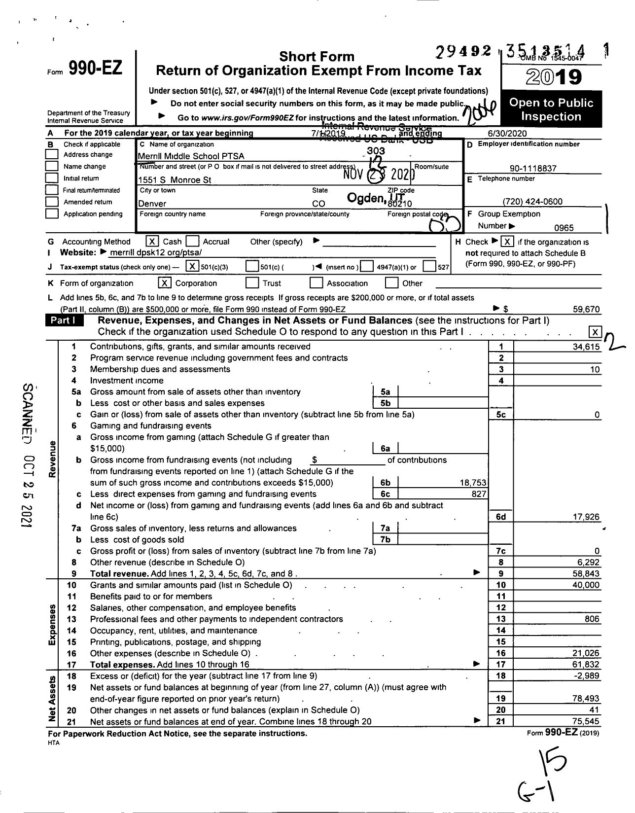 Image of first page of 2019 Form 990EZ for Merrill Middle School PTSA