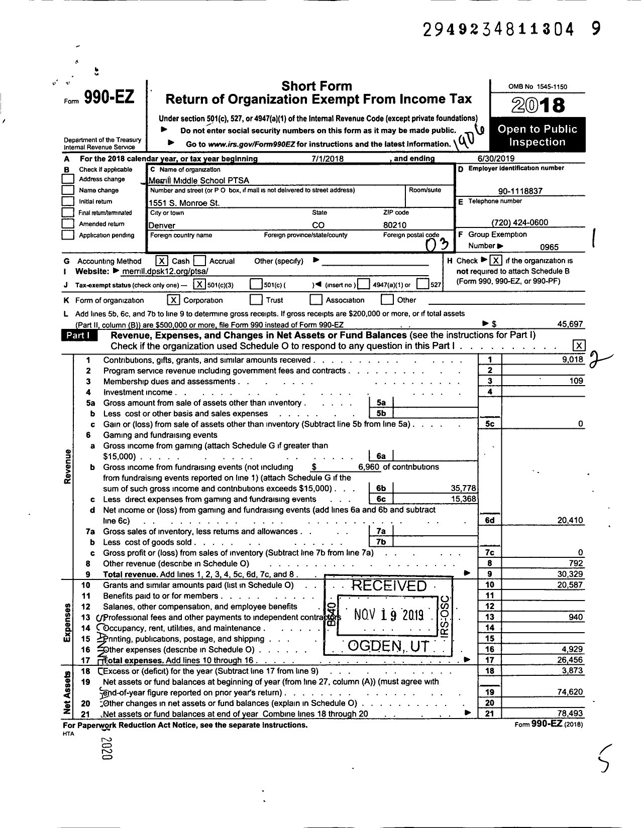 Image of first page of 2018 Form 990EZ for Merrill Middle School PTSA