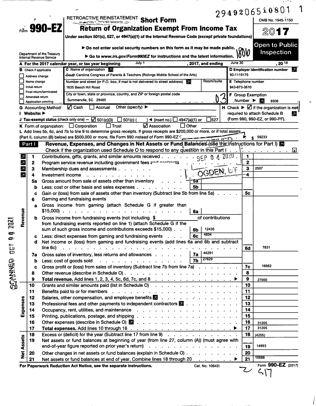 Image of first page of 2017 Form 990EZ for Rollings Middle School of Arts PTSA