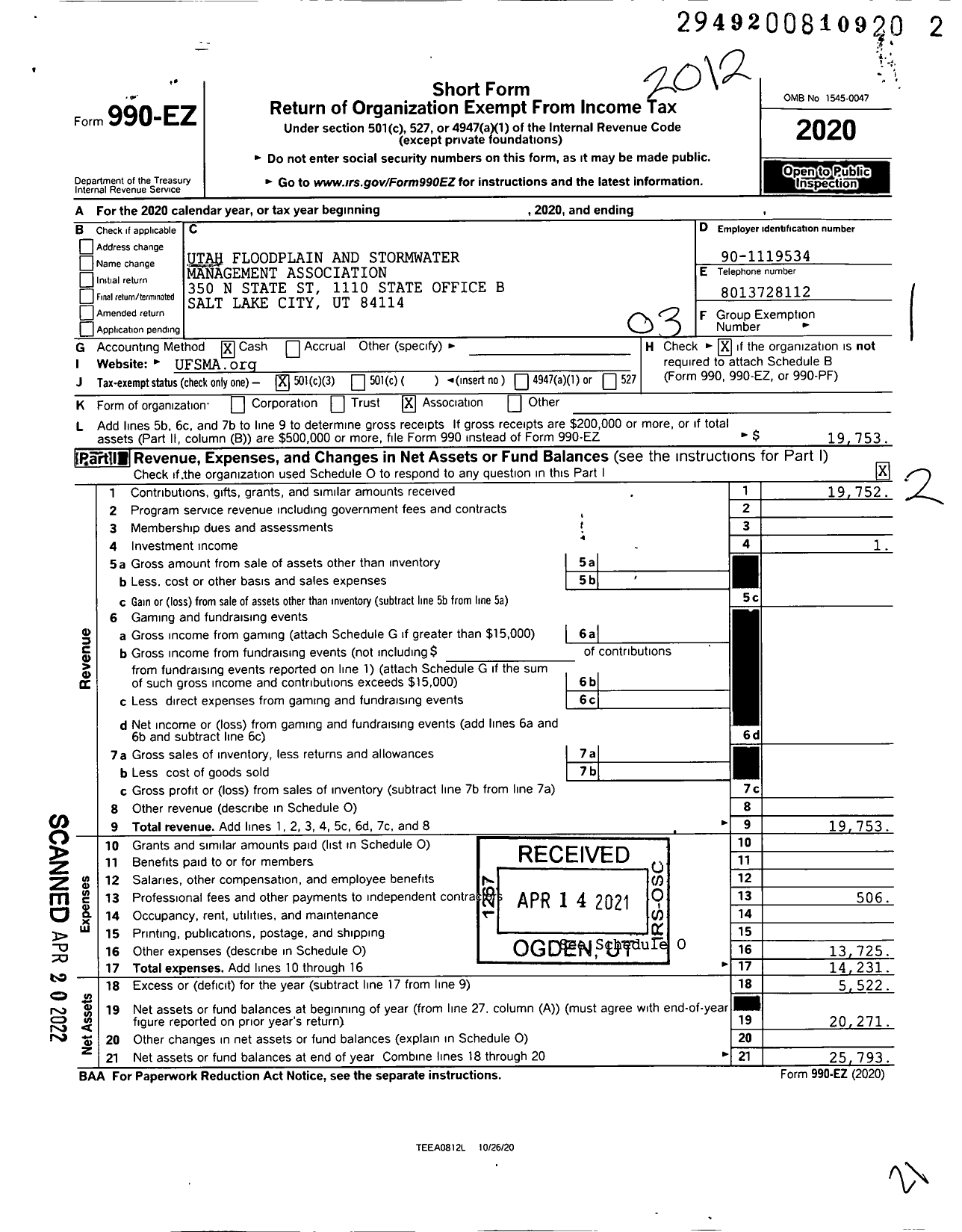 Image of first page of 2020 Form 990EZ for UTaH FLOODPLAIN AND STORMWATER MANAGEMENT ASSOCIATION