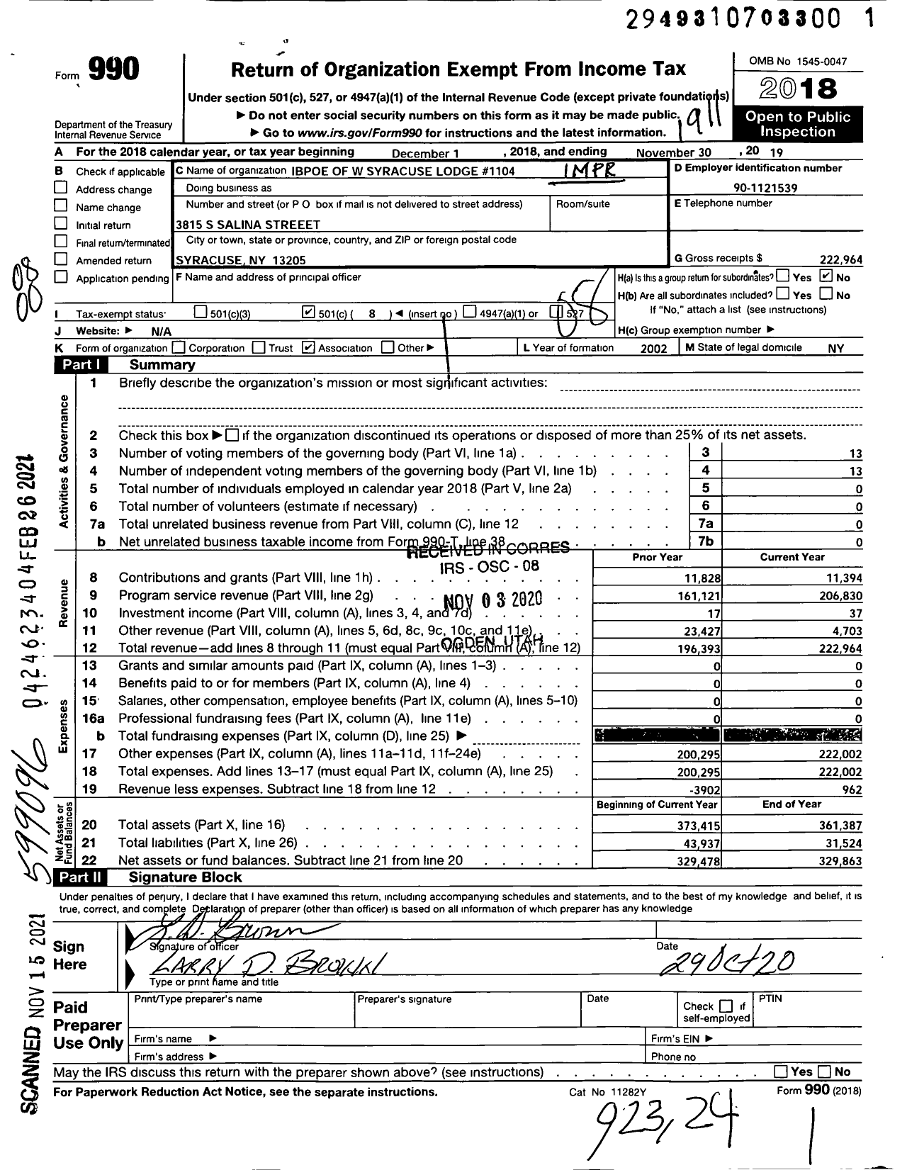 Image of first page of 2018 Form 990O for Improved Benevolent and Protective Order of Elks of the World - 1104 Syracuse Lodge