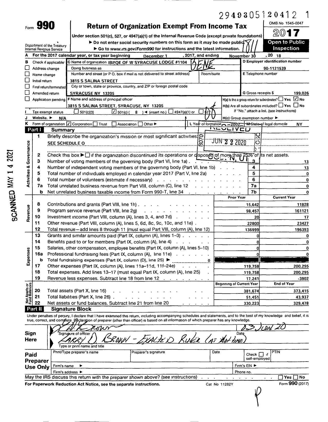 Image of first page of 2017 Form 990O for Improved Benevolent and Protective Order of Elks of the World - 1104 Syracuse Lodge