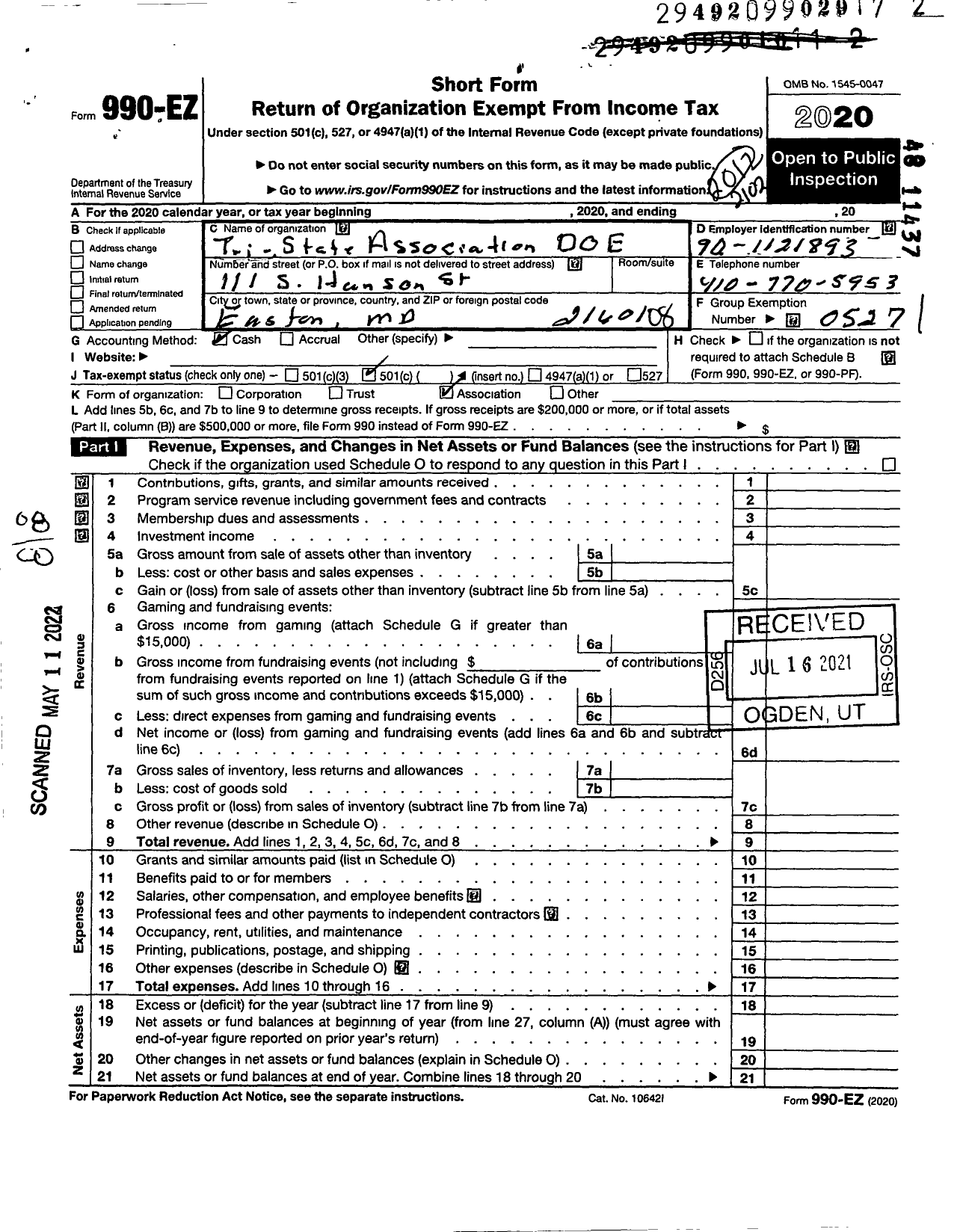 Image of first page of 2020 Form 990EO for Improved Benevolent and Protective Order of Elks of the World - Tri-State Association Daughters of