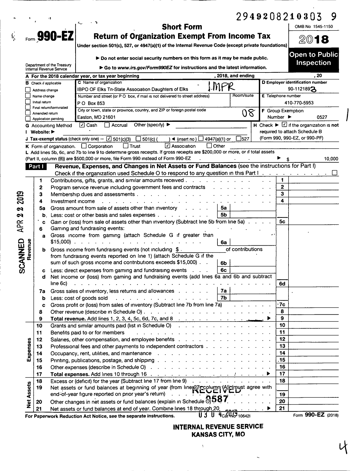 Image of first page of 2018 Form 990EO for Improved Benevolent and Protective Order of Elks of the World - Tri-State Association Daughters of