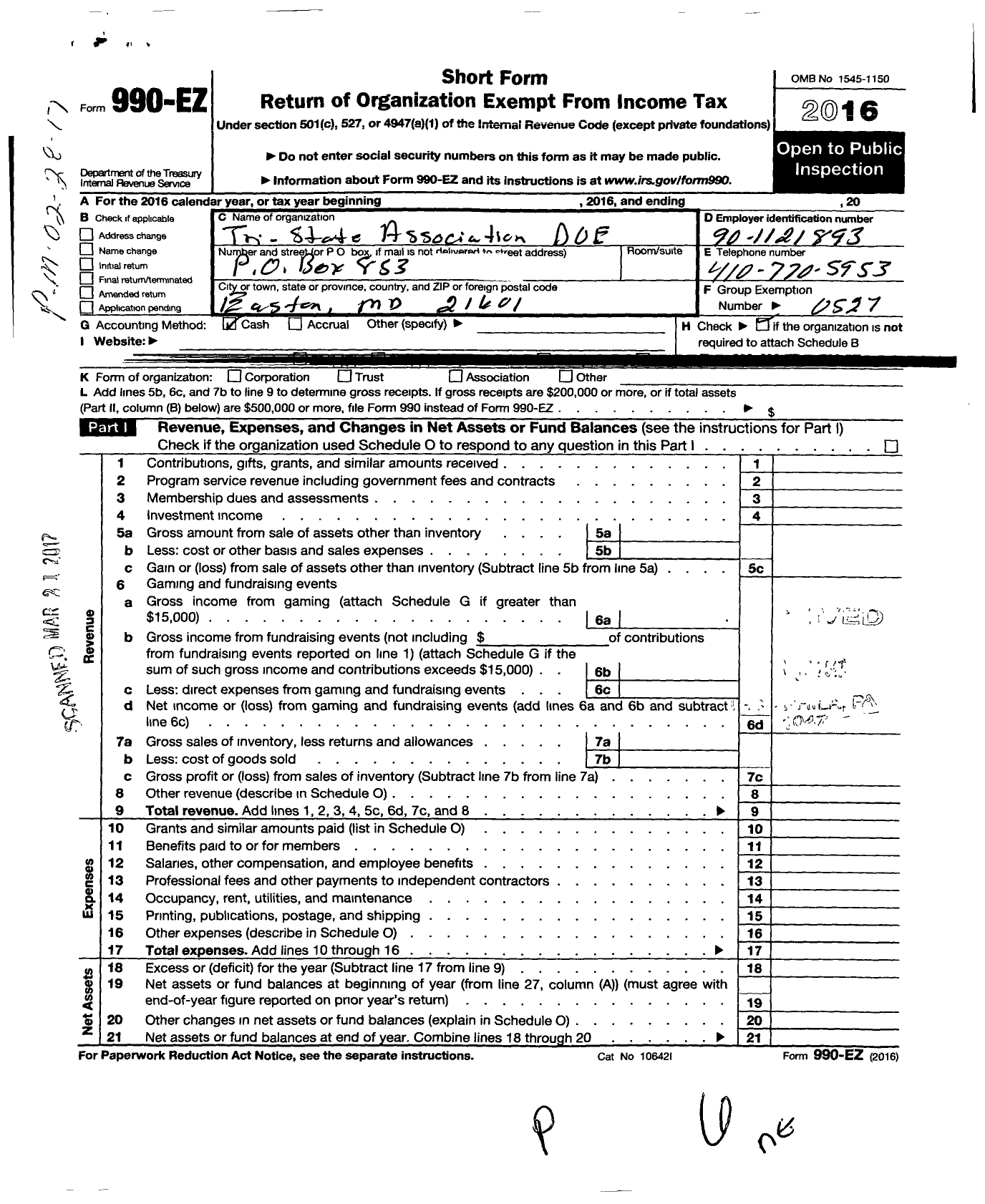 Image of first page of 2016 Form 990EO for Improved Benevolent and Protective Order of Elks of the World - Tri-State Association Daughters of