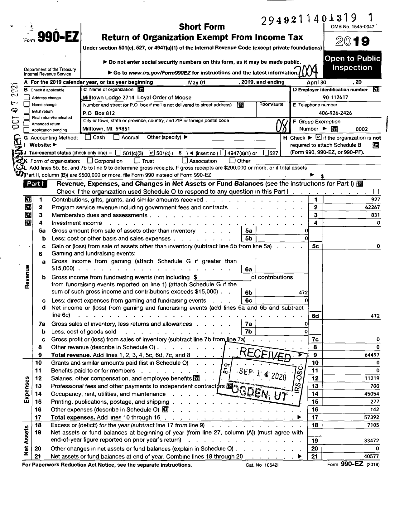 Image of first page of 2019 Form 990EO for Loyal Order of Moose - 2714