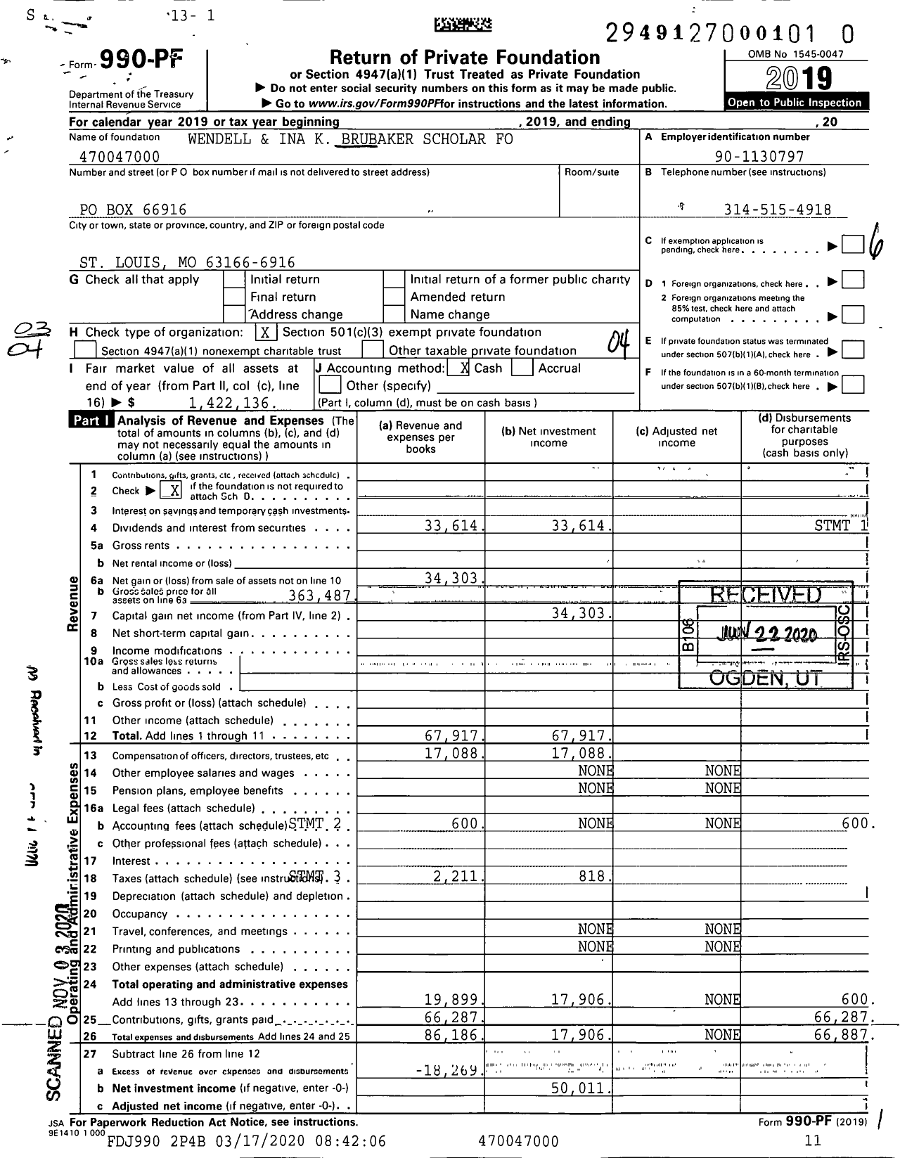 Image of first page of 2019 Form 990PF for Wendell and Ina K Brubaker Scholar Fo