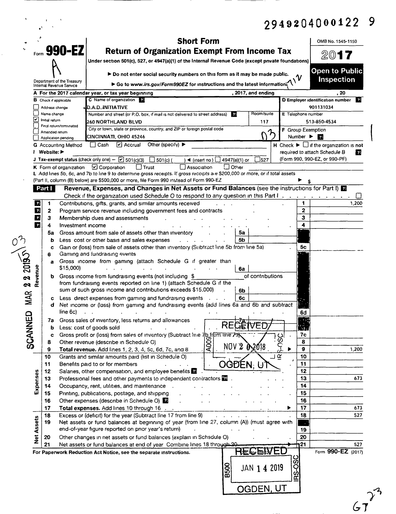 Image of first page of 2017 Form 990EZ for The DAD Initiative