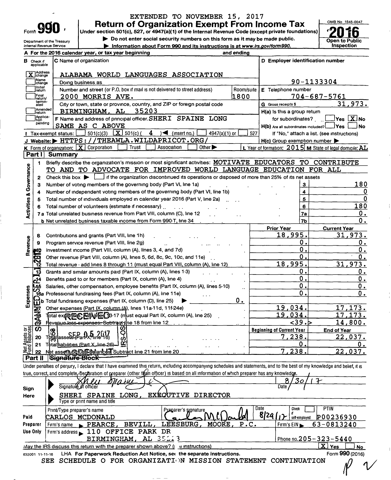 Image of first page of 2016 Form 990O for Alabama World Languages Association