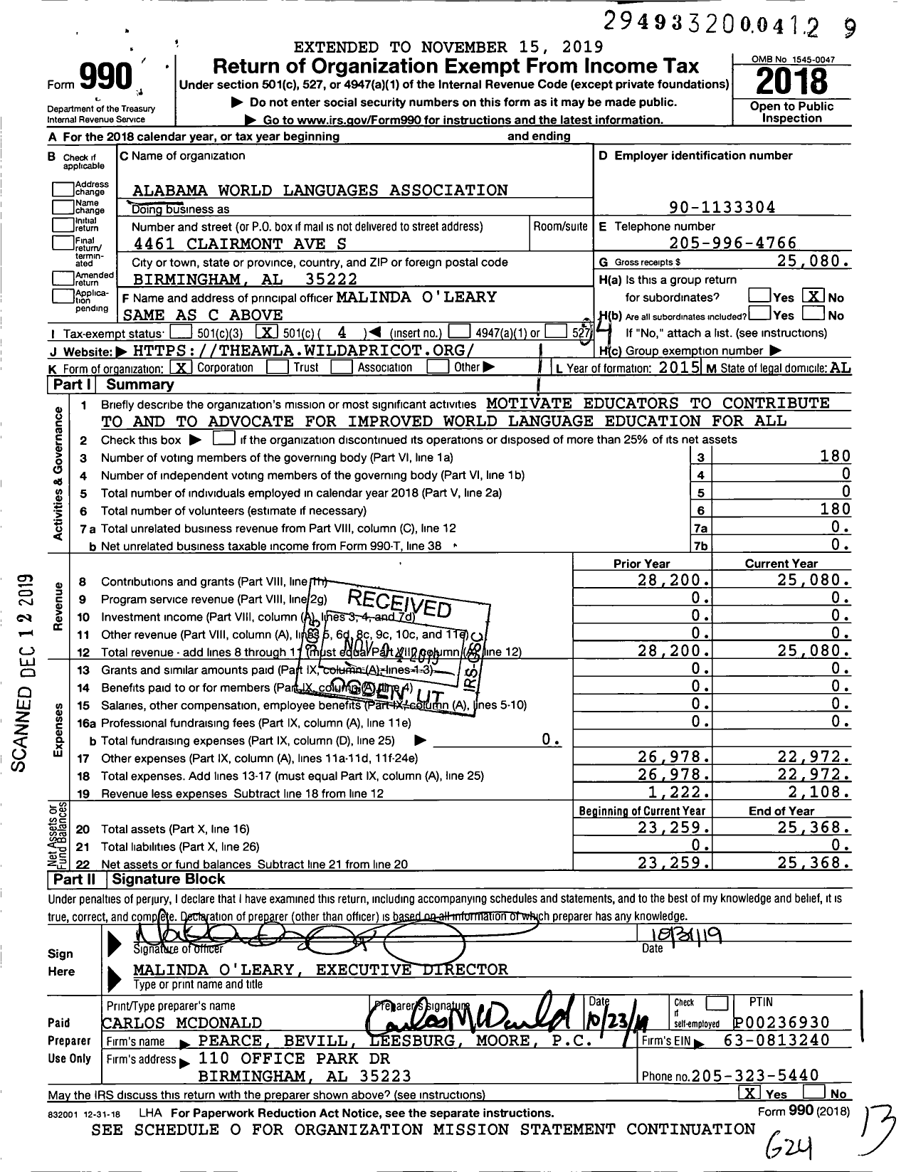 Image of first page of 2018 Form 990O for Alabama World Languages Association