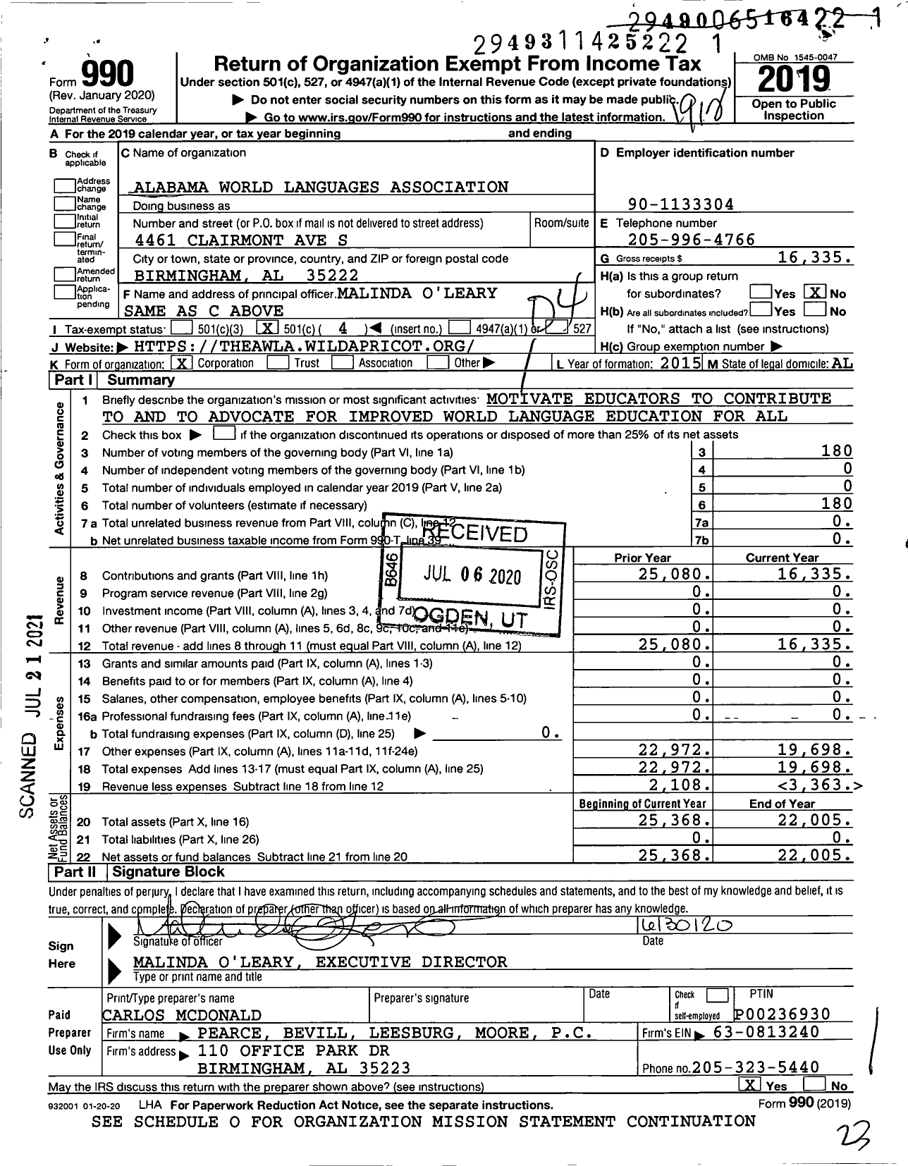 Image of first page of 2019 Form 990O for Alabama World Languages Association