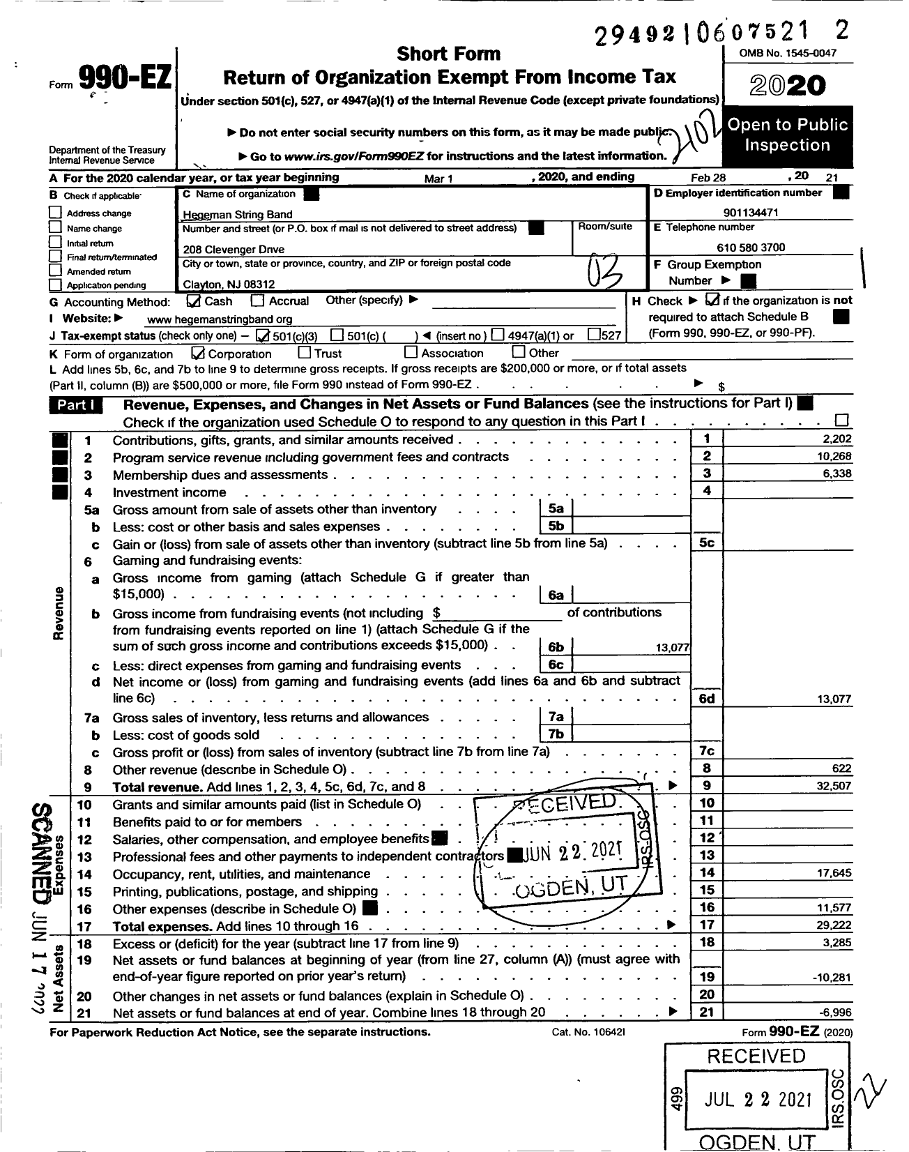 Image of first page of 2020 Form 990EZ for Hegeman String Band