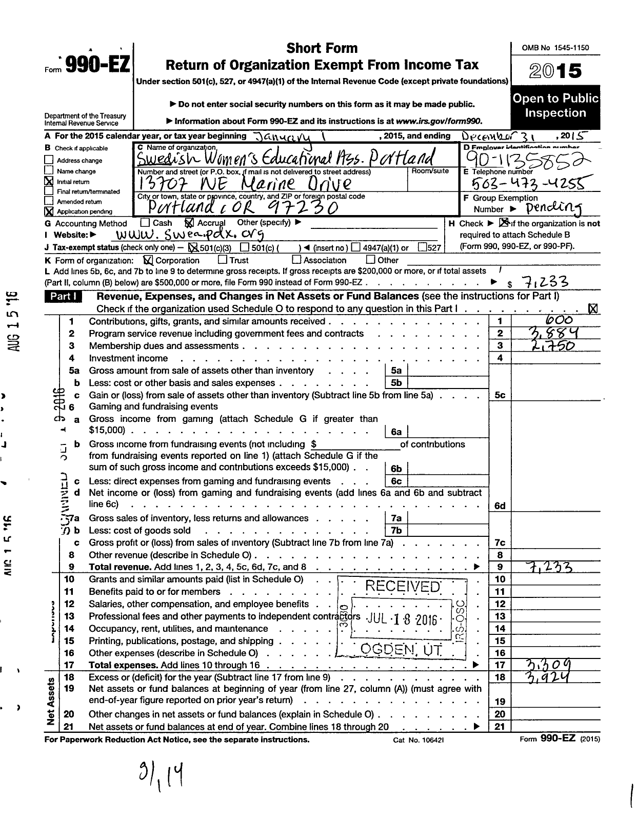 Image of first page of 2015 Form 990EZ for Swedish Womens Educational Association Portland