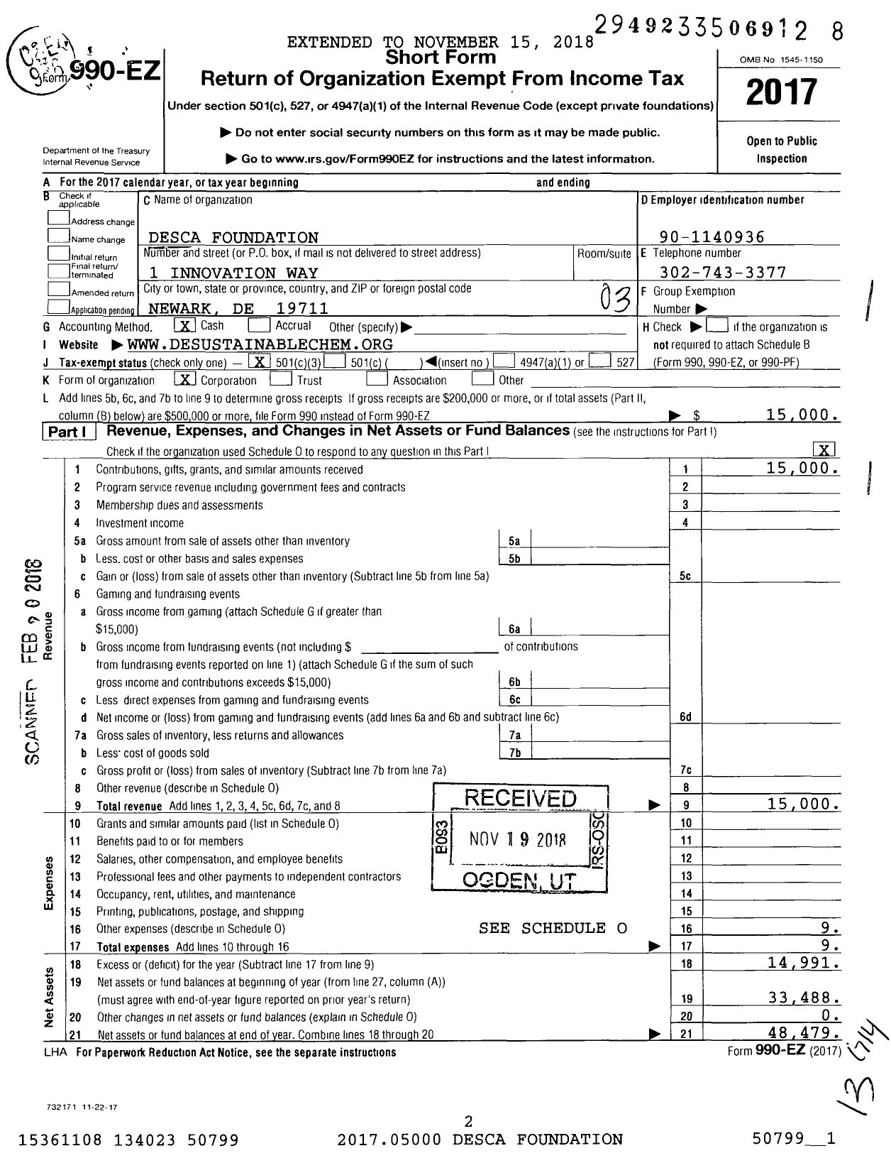 Image of first page of 2017 Form 990EZ for The Desca Foundation