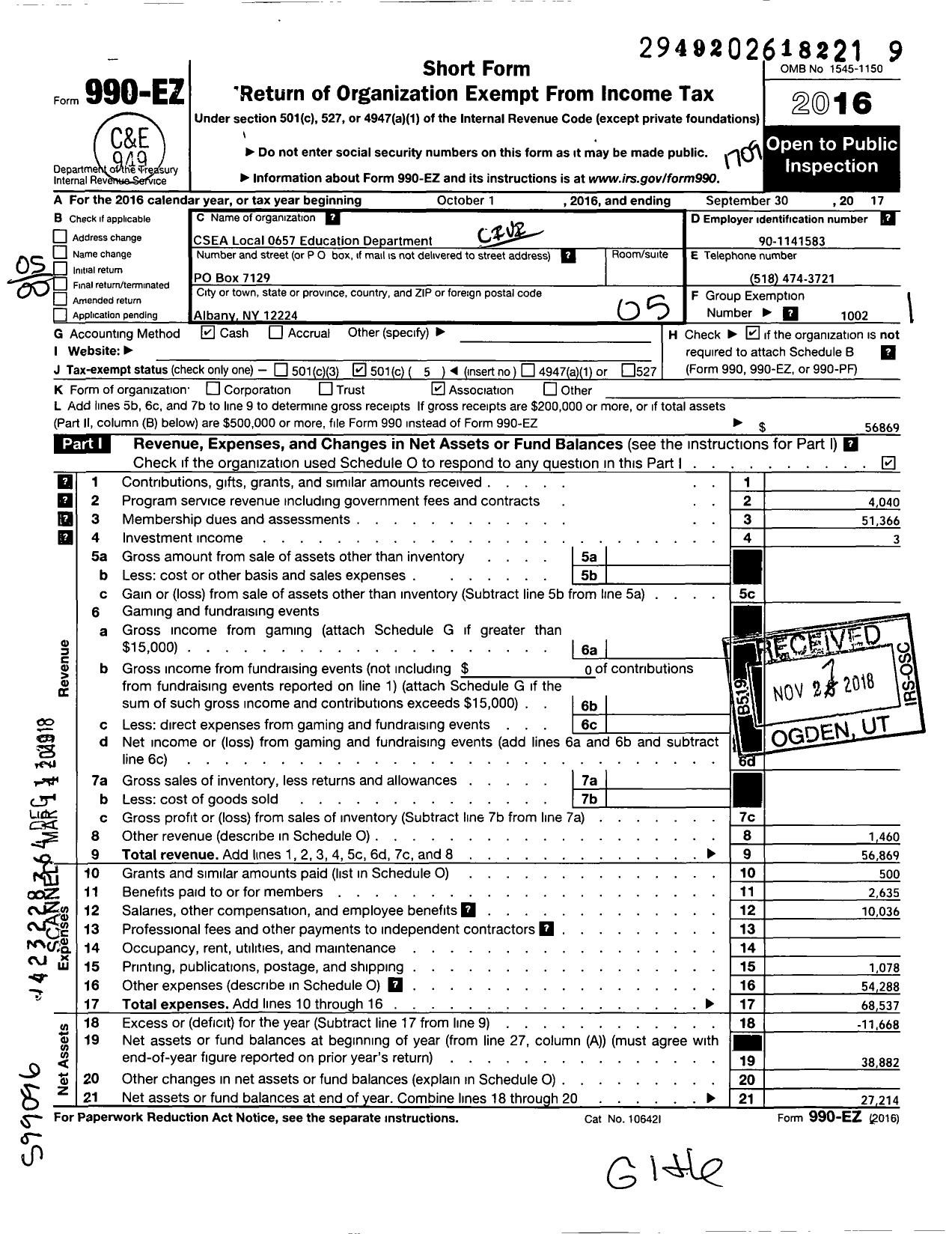 Image of first page of 2016 Form 990EO for Civil Service Employees Association - 0657 Education Department Albany