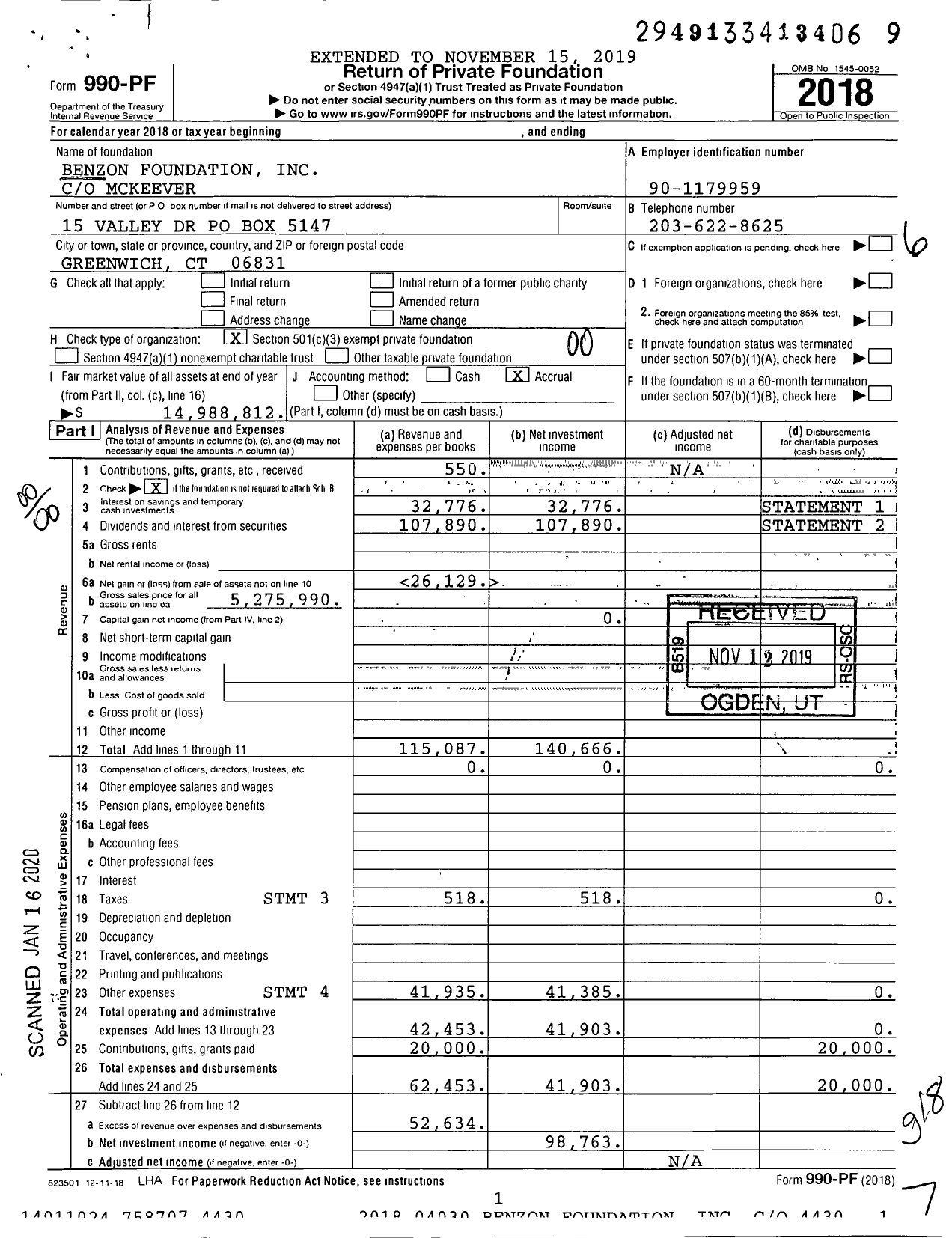 Image of first page of 2018 Form 990PF for Benzon Foundation