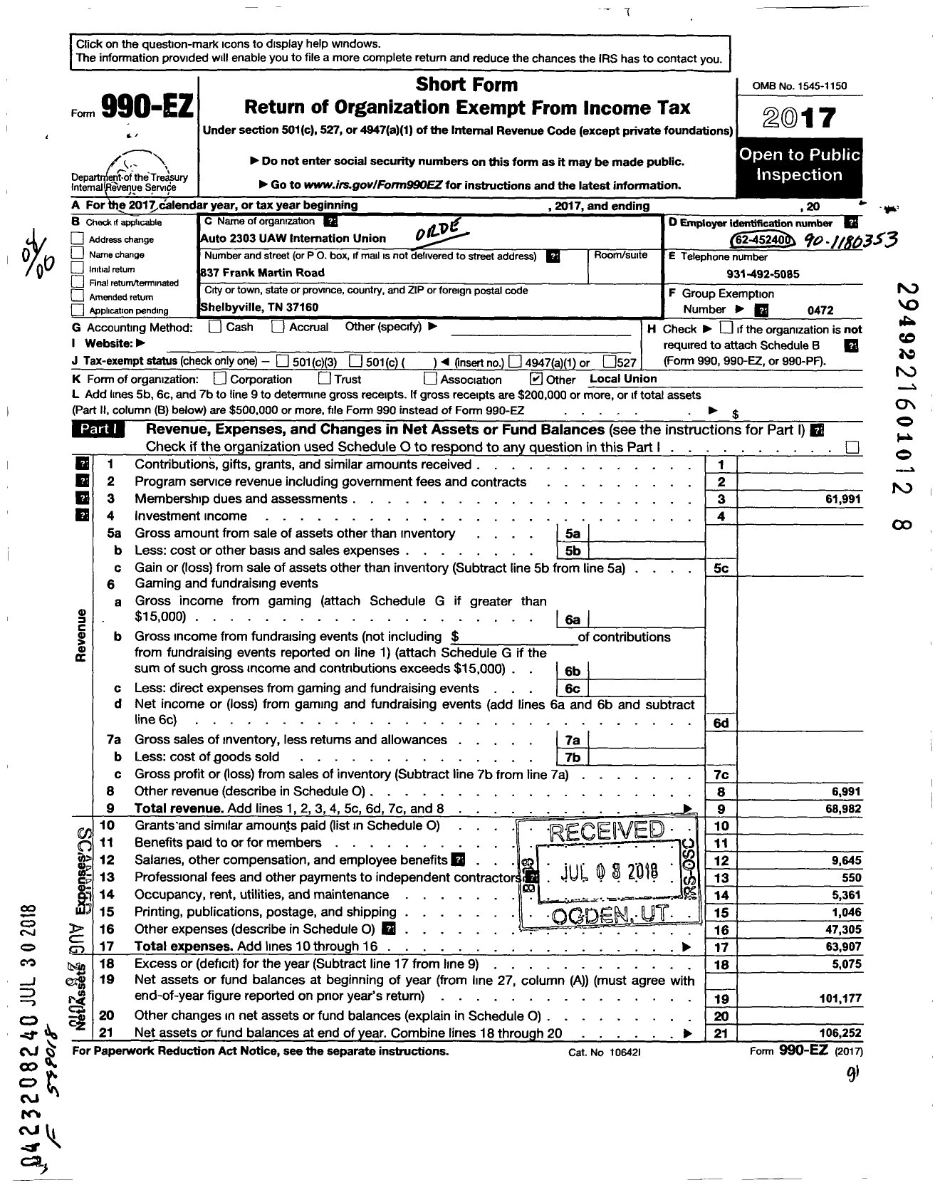 Image of first page of 2017 Form 990EO for Auto 2303 Uaw International Union