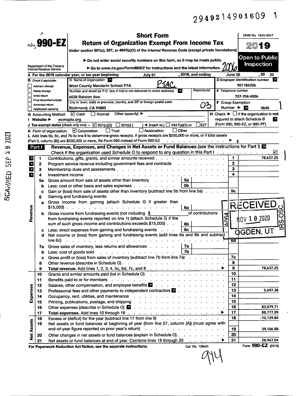 Image of first page of 2019 Form 990EZ for California State PTA - West County Mandarin School PTA