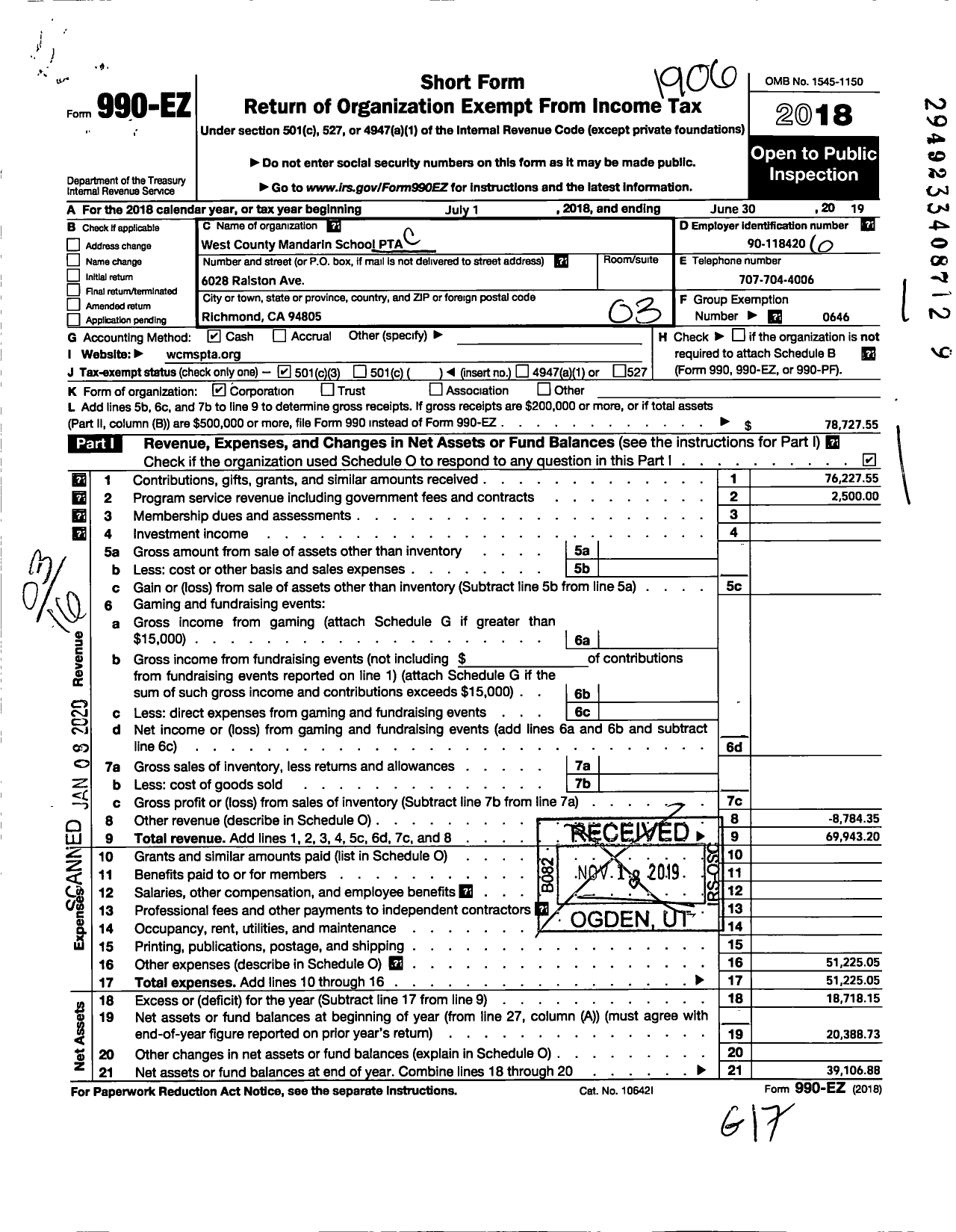 Image of first page of 2018 Form 990EZ for California State PTA - West County Mandarin School PTA