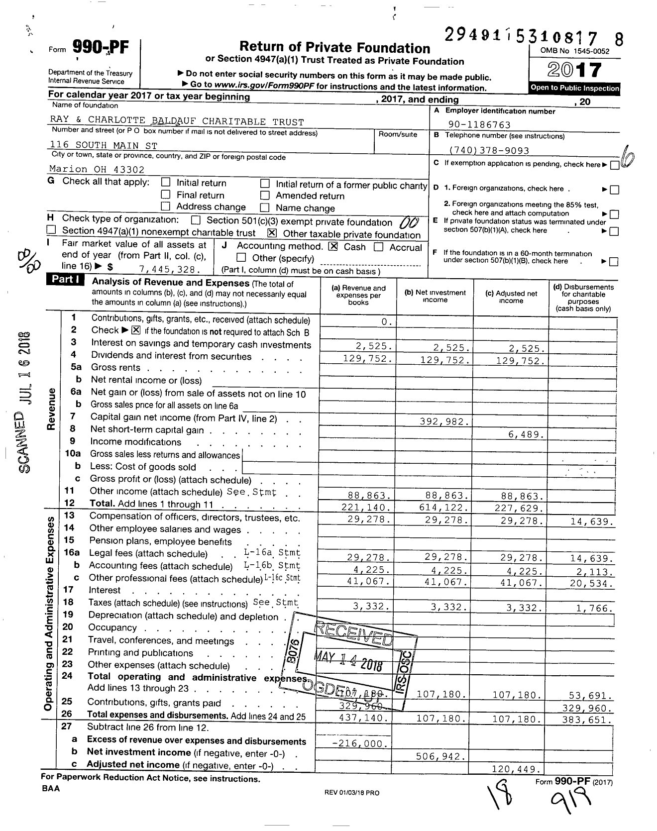 Image of first page of 2017 Form 990PF for Ray and Charlotte Baldauf Charitable Trust