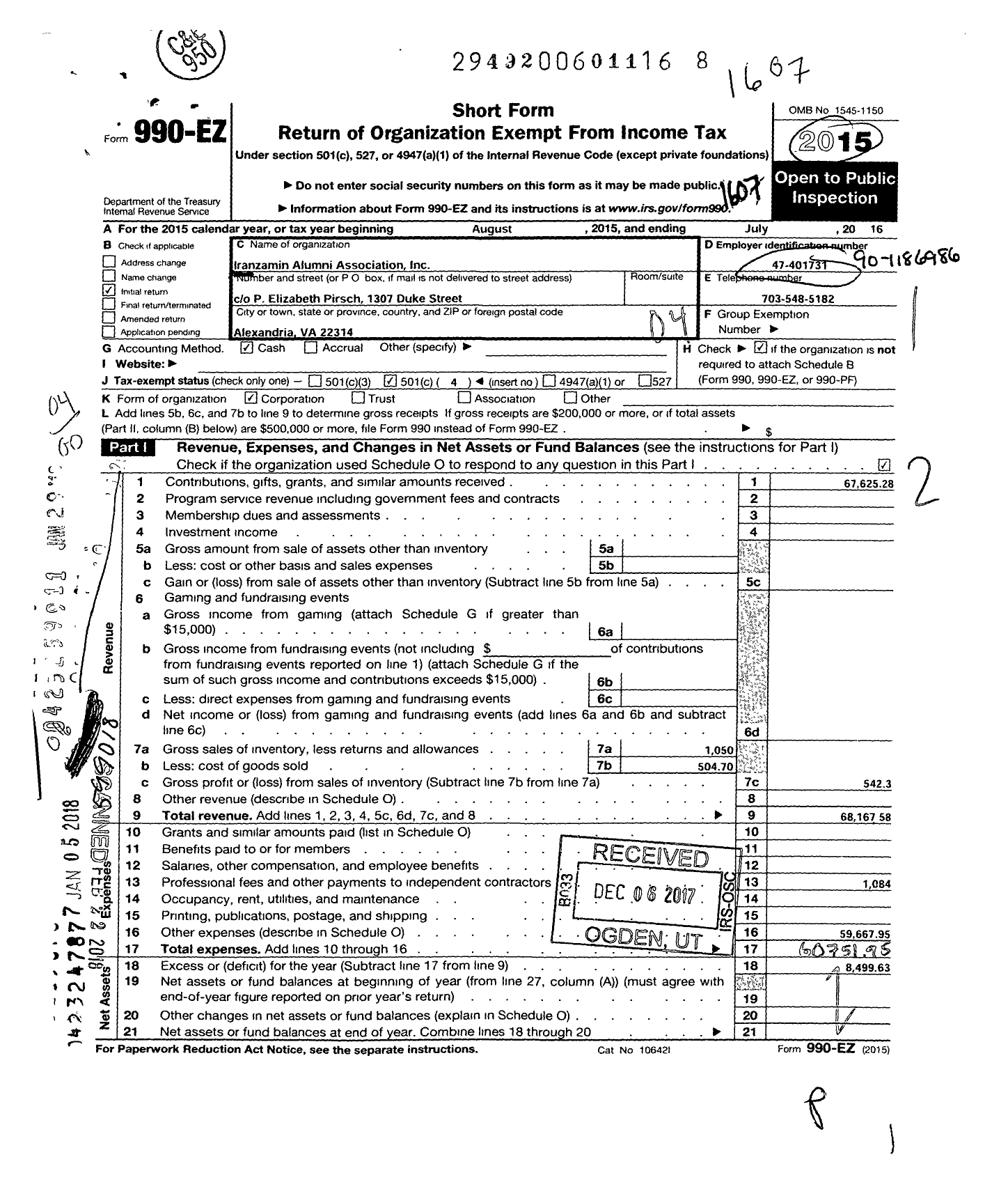 Image of first page of 2015 Form 990EO for Iranzamin Alumni Association