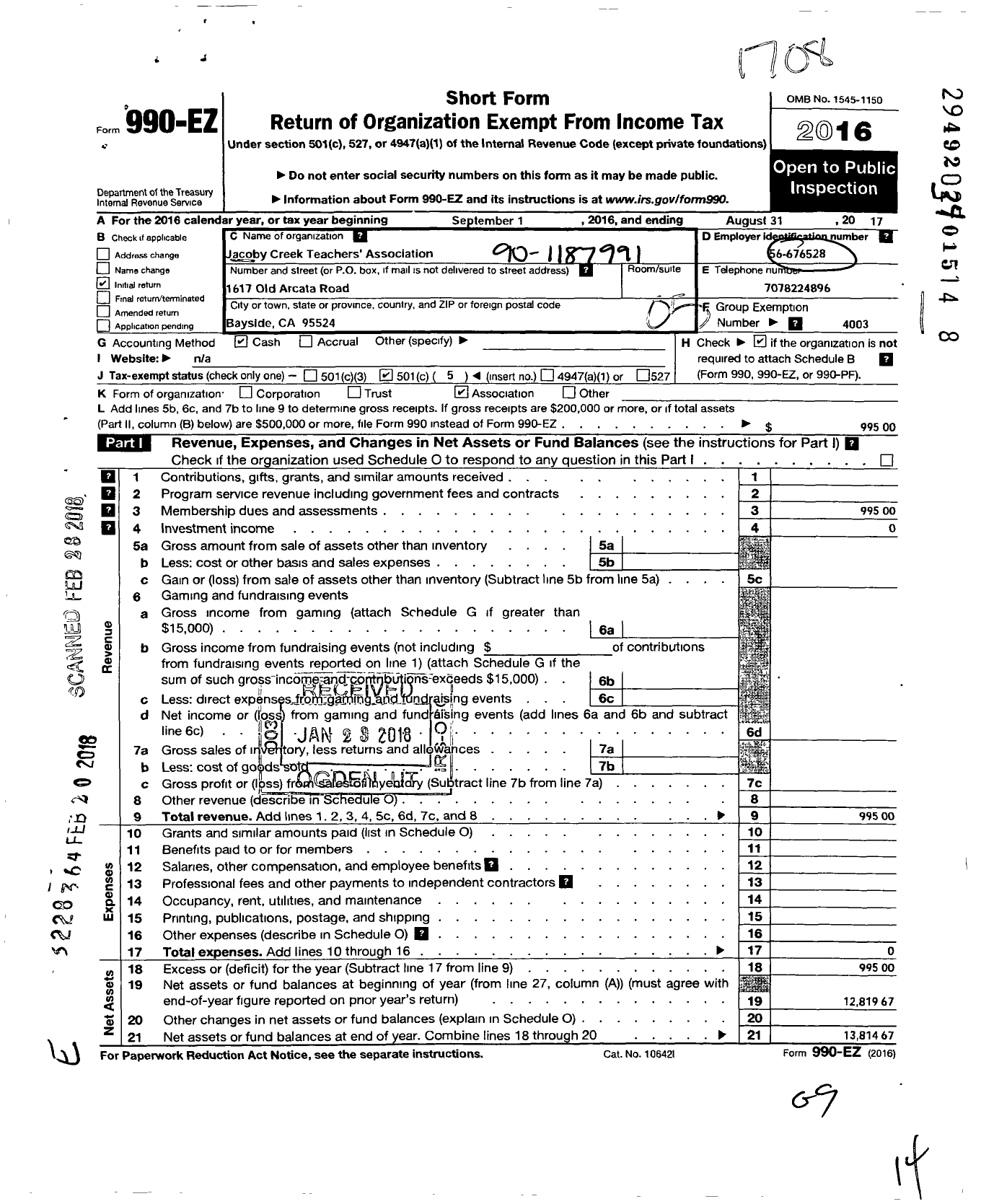 Image of first page of 2016 Form 990EO for California Teachers Association - Jacoby Creek TCHRS Assn