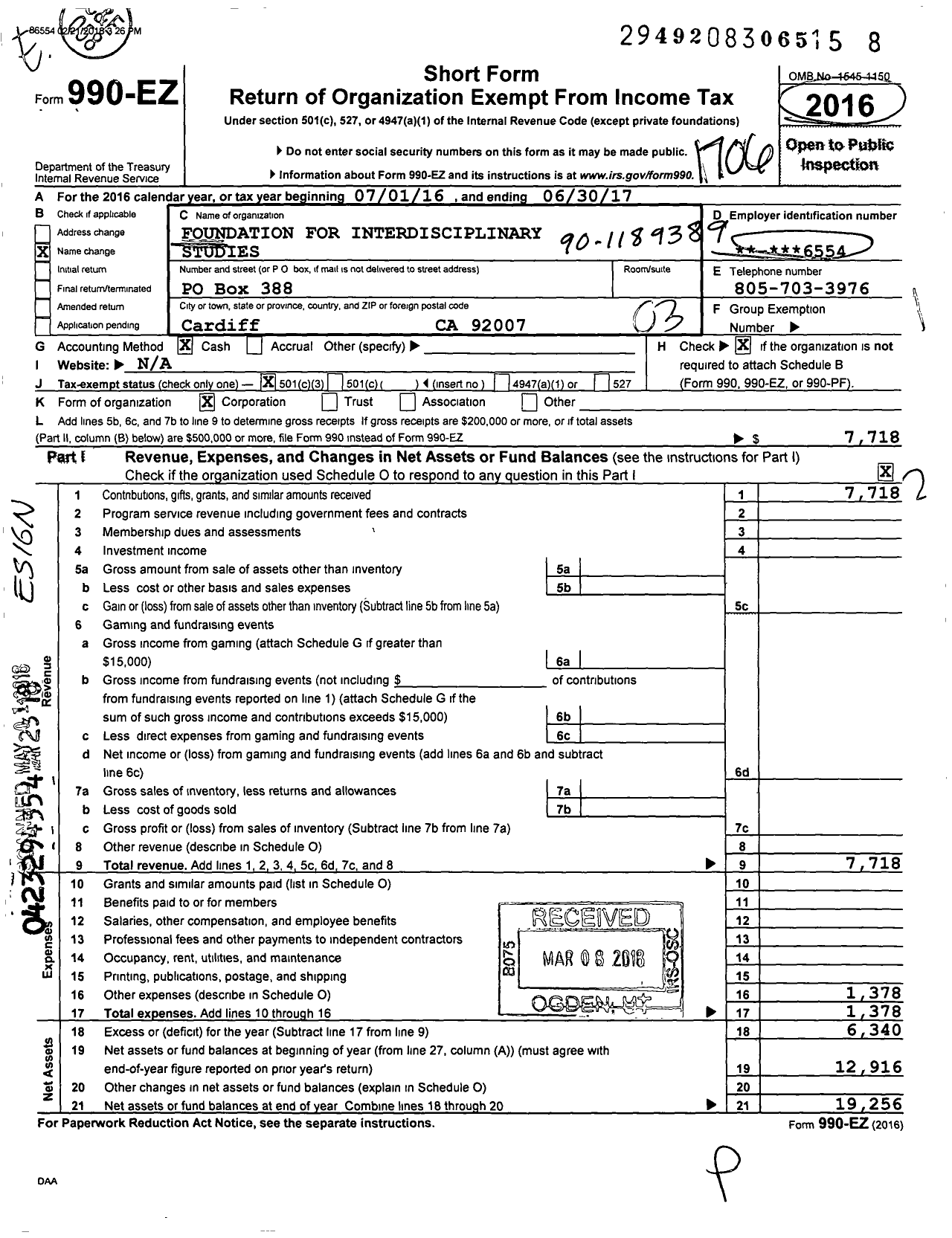 Image of first page of 2016 Form 990EZ for Foundation for Interdisciplinary Studies