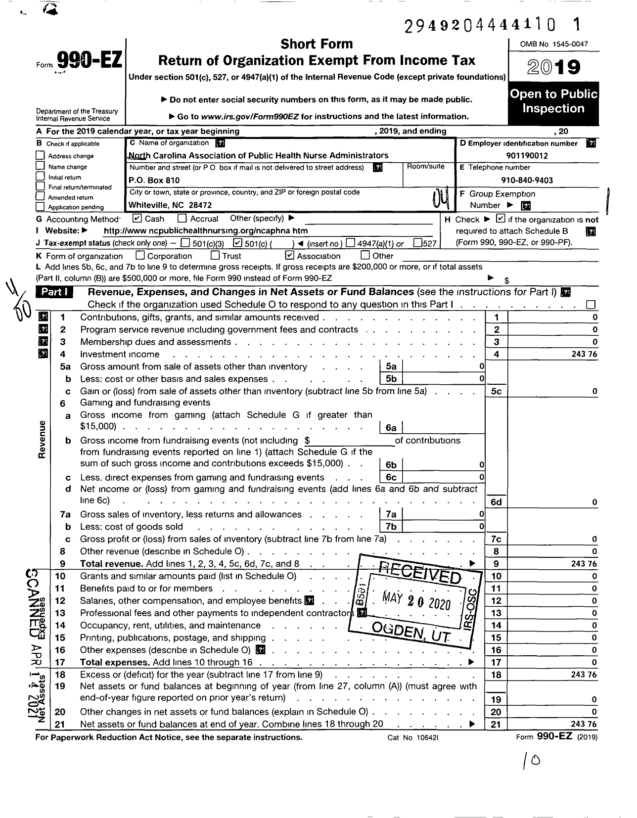 Image of first page of 2019 Form 990EO for North Carolina Association of