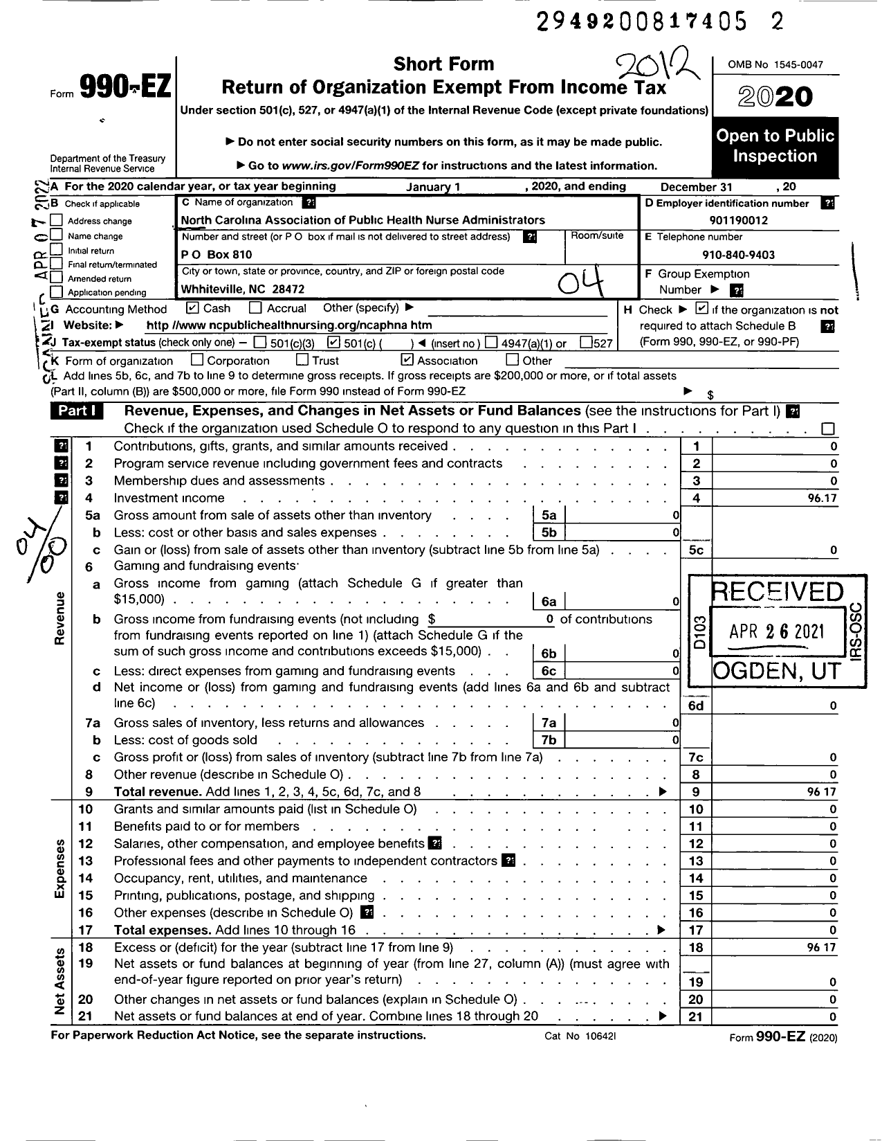 Image of first page of 2020 Form 990EO for North Carolina Association of