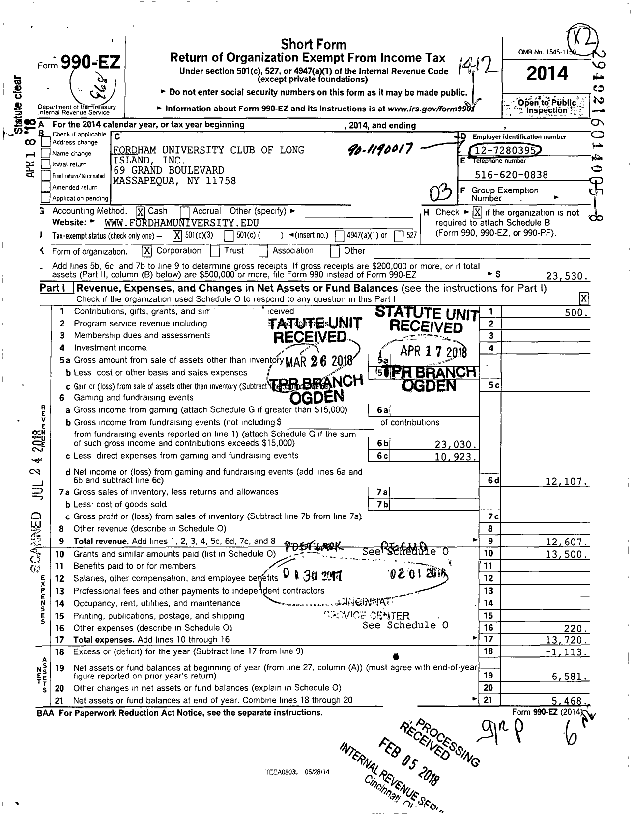 Image of first page of 2014 Form 990EZ for Fordham University Club of Long Island