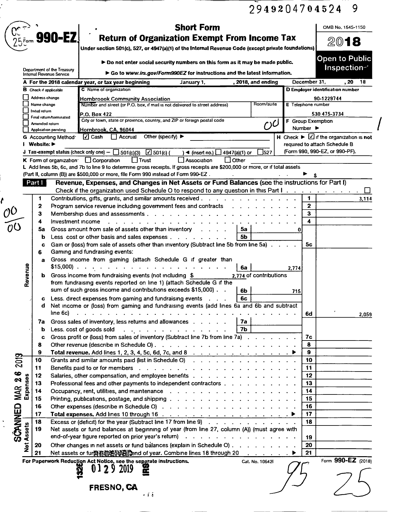 Image of first page of 2018 Form 990EO for Hornbrook Community Association