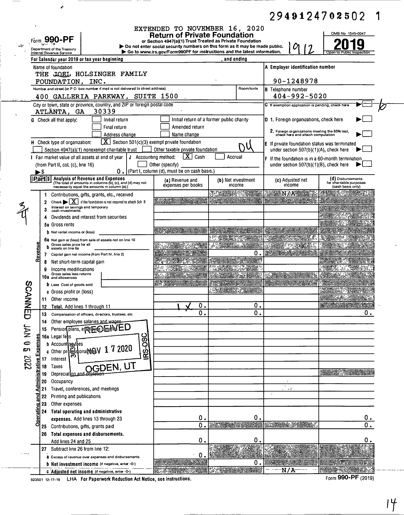 Image of first page of 2019 Form 990PF for The Joel Holsinger Family Foundation