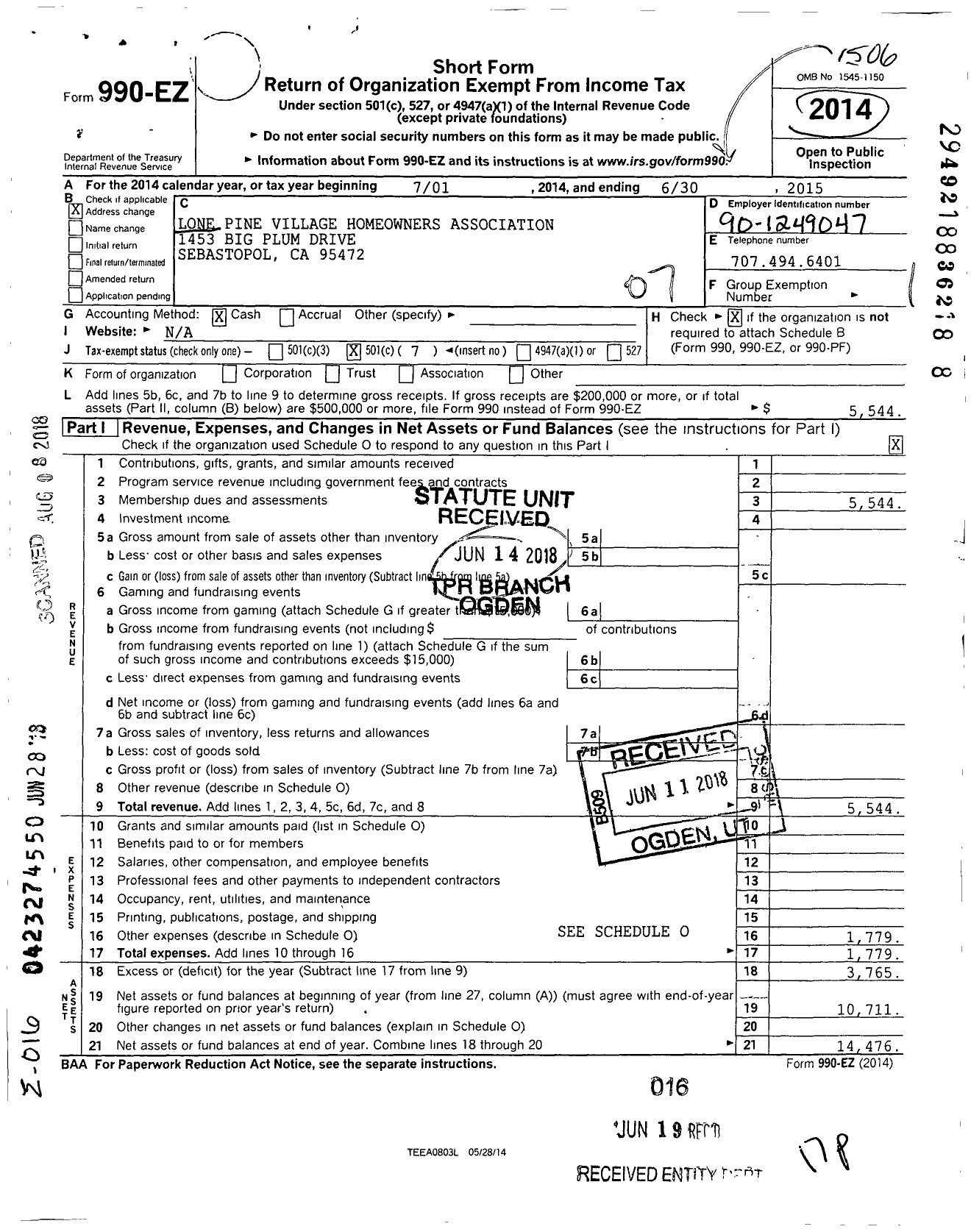 Image of first page of 2014 Form 990EO for Lone Pine Village Homeowners Association