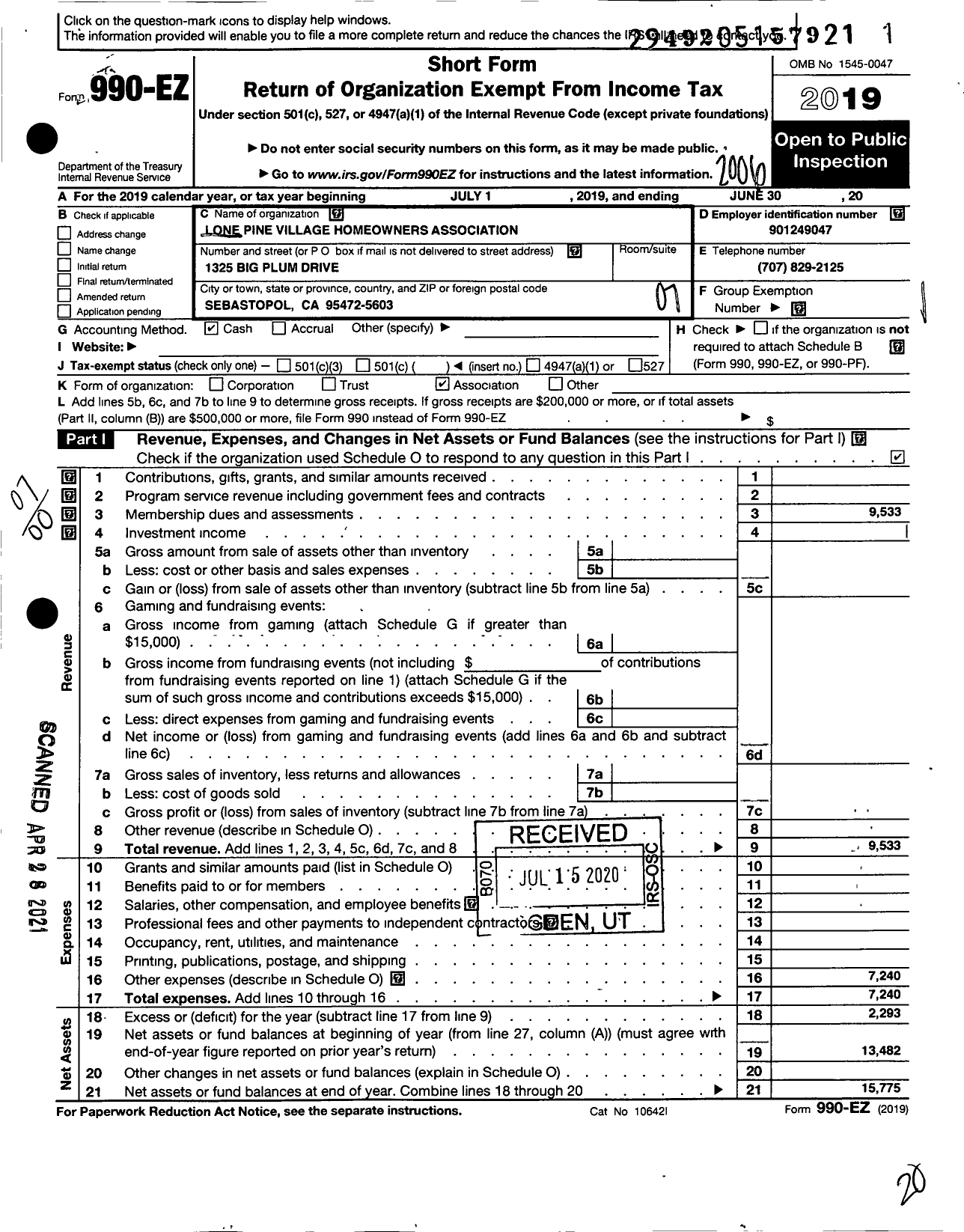 Image of first page of 2019 Form 990EO for Lone Pine Village Homeowners Association