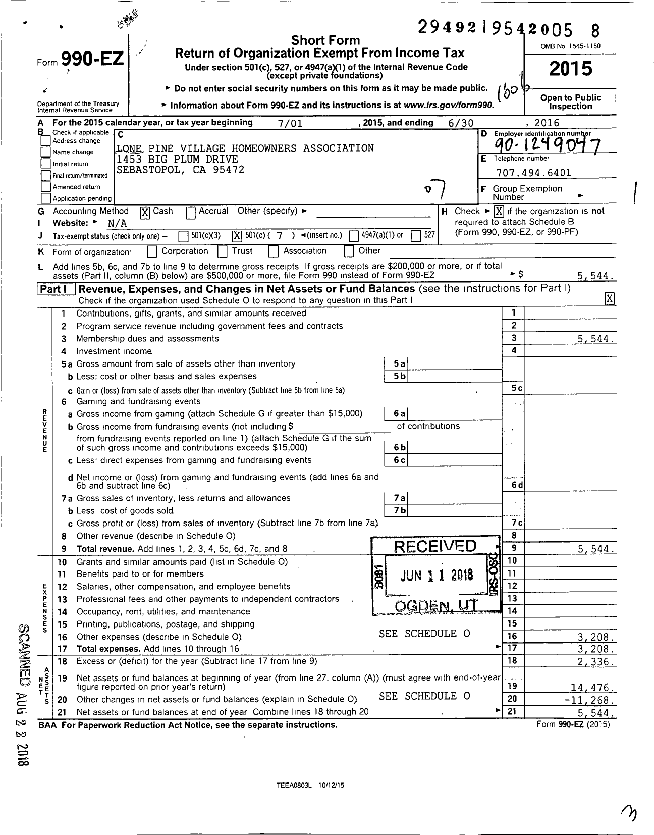 Image of first page of 2015 Form 990EO for Lone Pine Village Homeowners Association