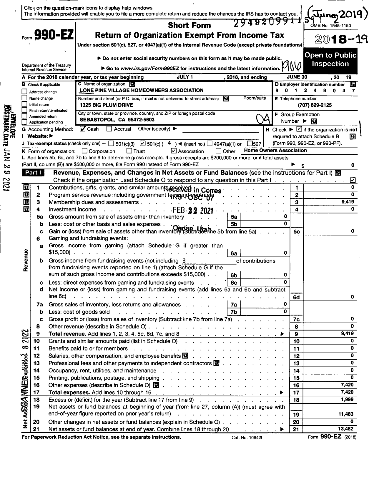 Image of first page of 2018 Form 990EO for Lone Pine Village Homeowners Association