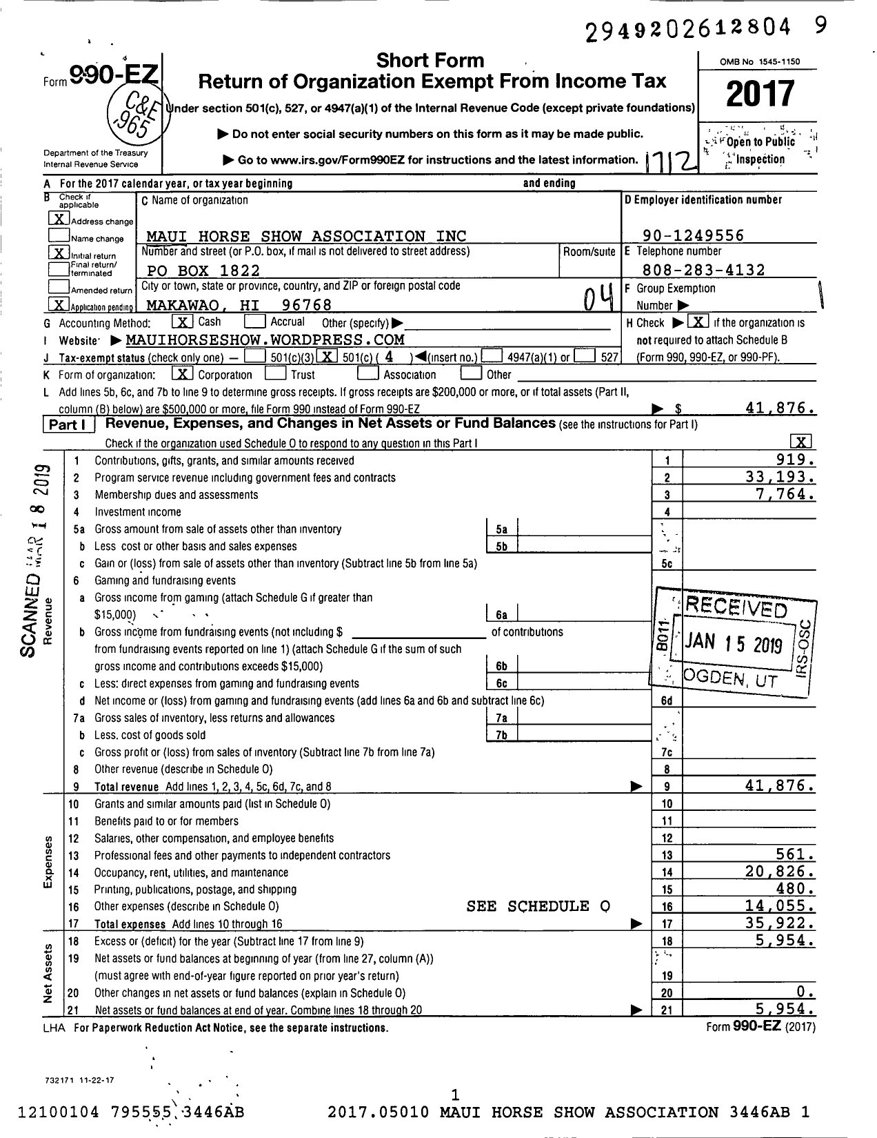 Image of first page of 2017 Form 990EO for Maui Horse Show Association