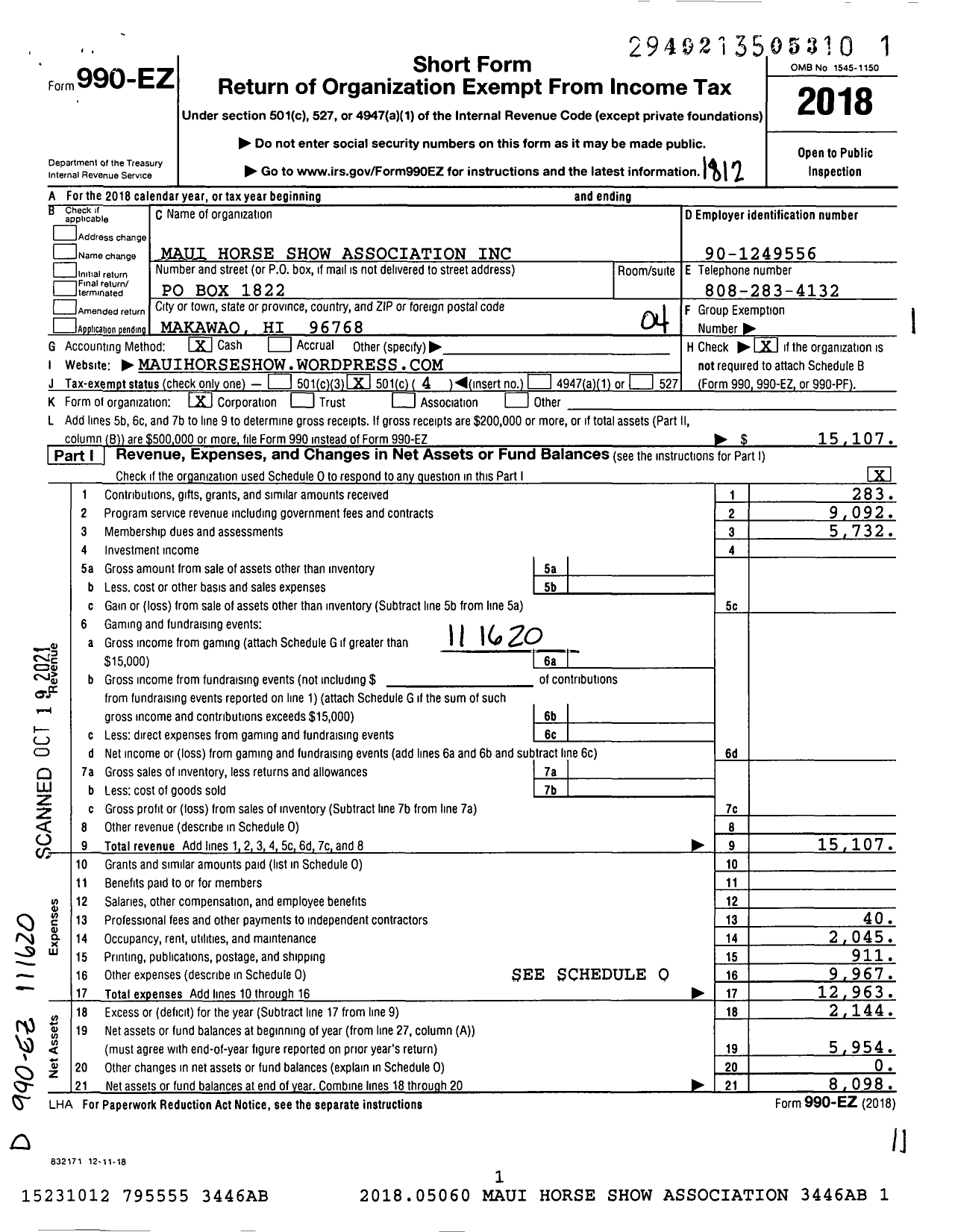 Image of first page of 2018 Form 990EO for Maui Horse Show Association