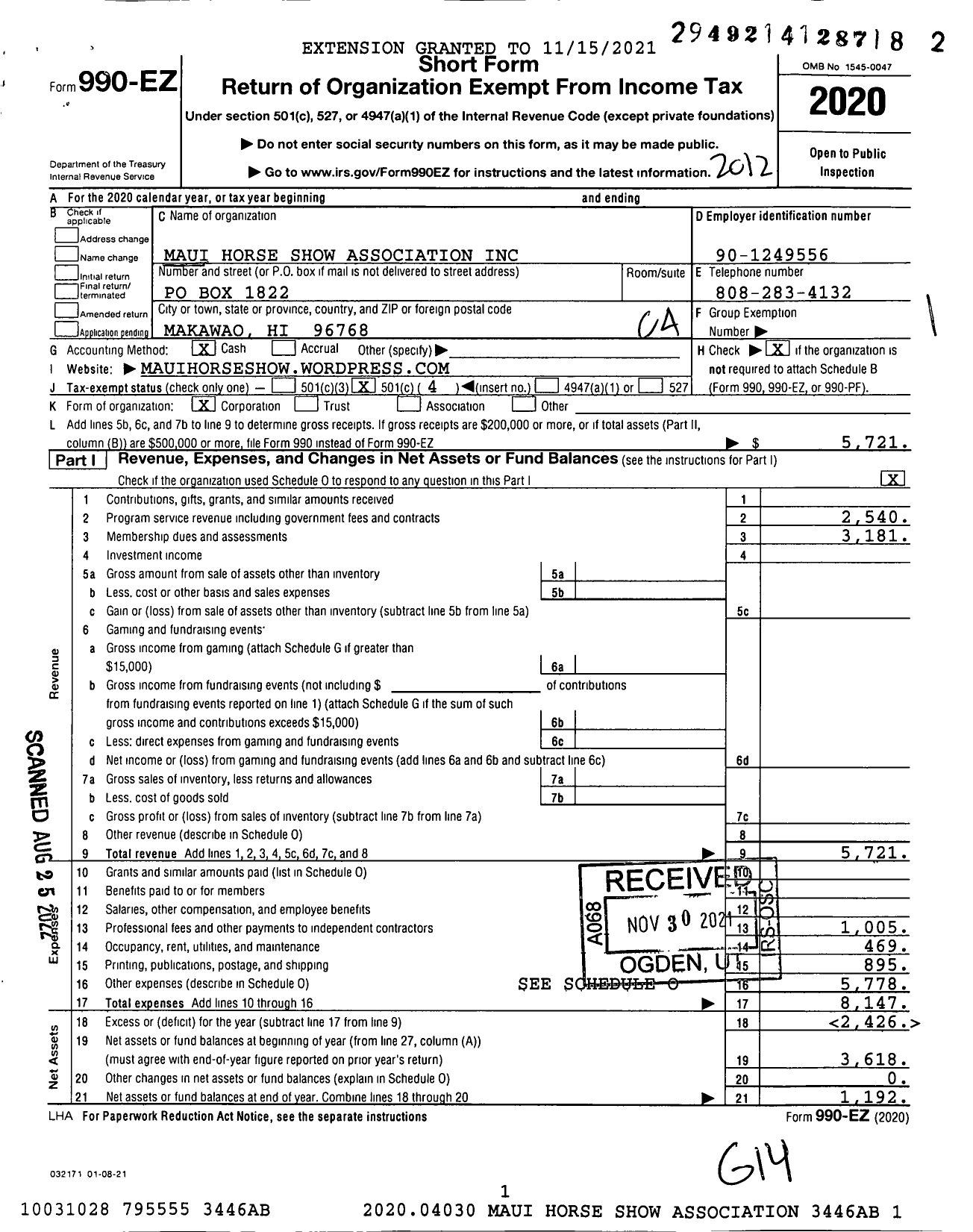 Image of first page of 2020 Form 990EO for Maui Horse Show Association