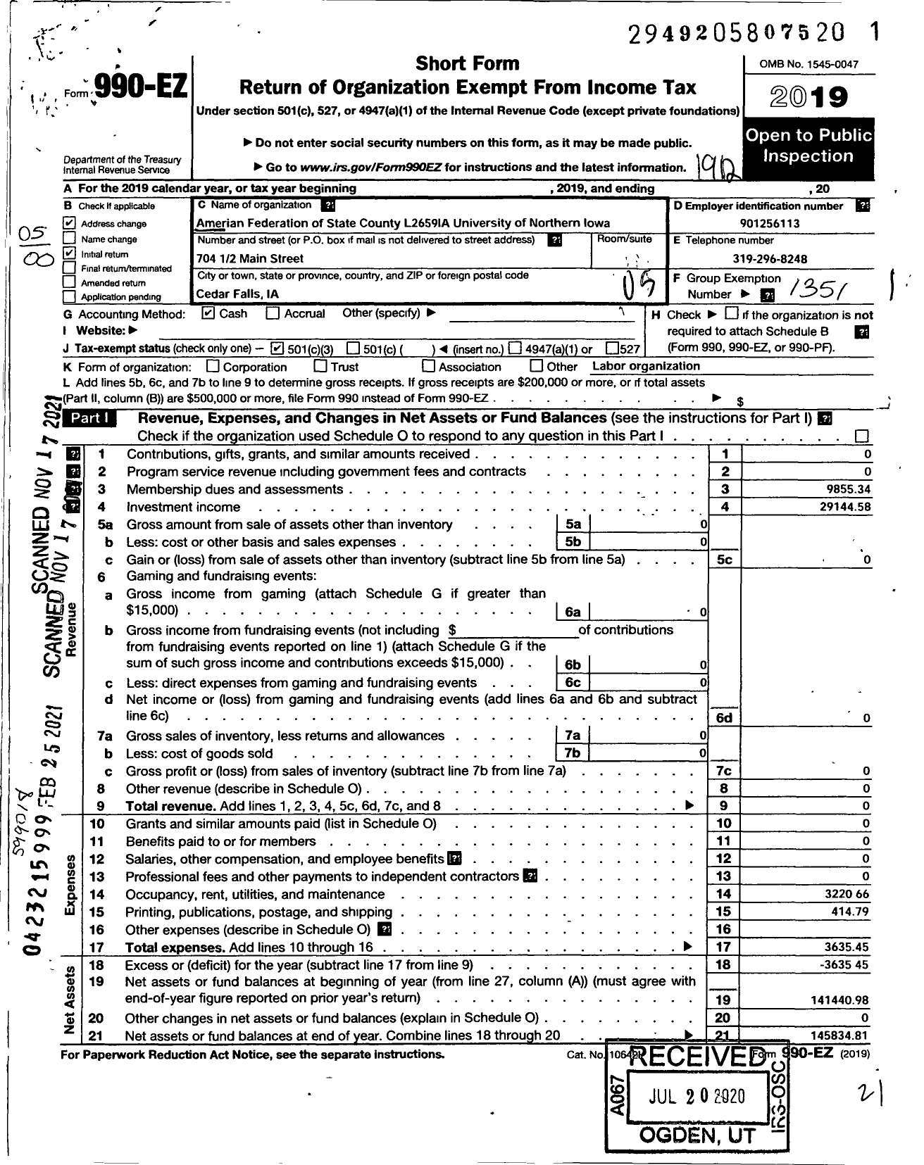 Image of first page of 2019 Form 990EO for American Federation of State County & Municipal Employees - L2659ia University of Northern Iowa