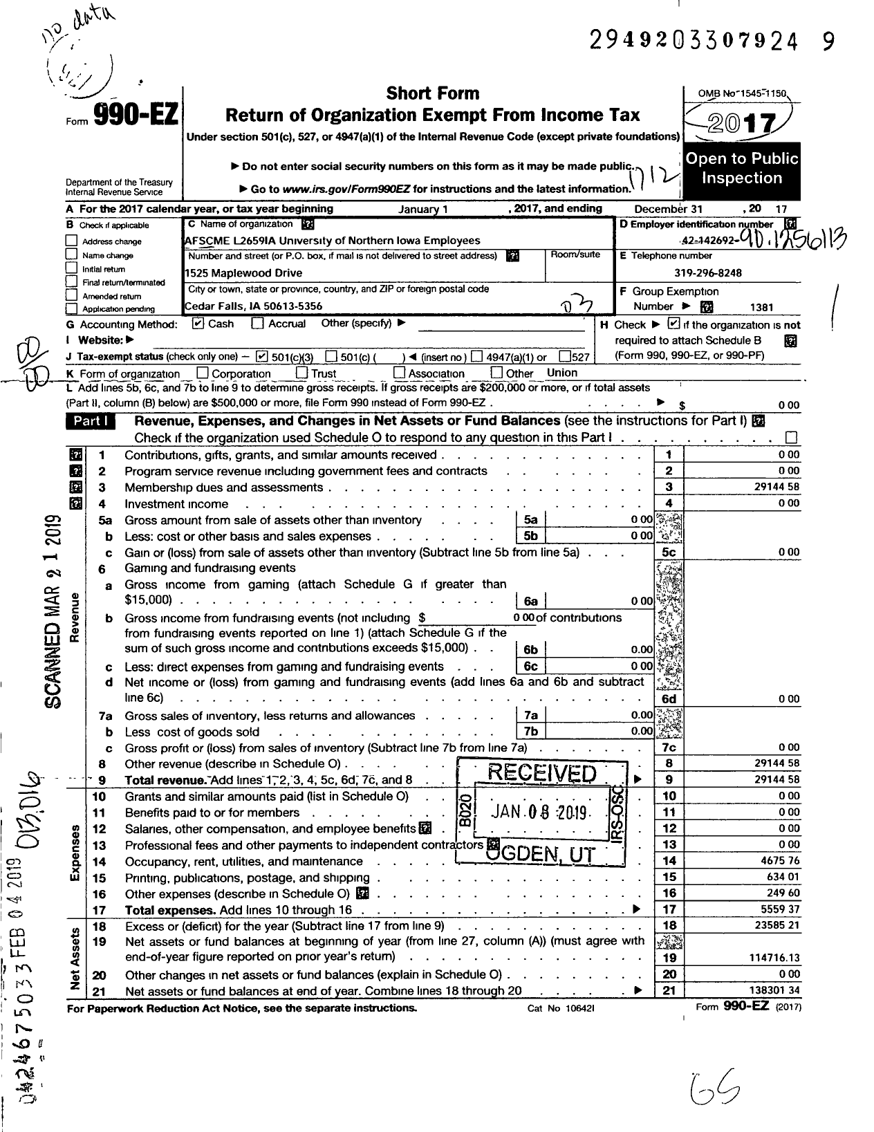 Image of first page of 2017 Form 990EO for American Federation of State County & Municipal Employees - L2659ia University of Northern Iowa