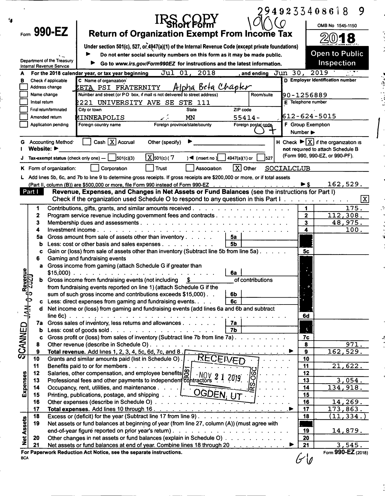 Image of first page of 2018 Form 990EO for Zeta Psi Fraternity Alpha Beta Chapter